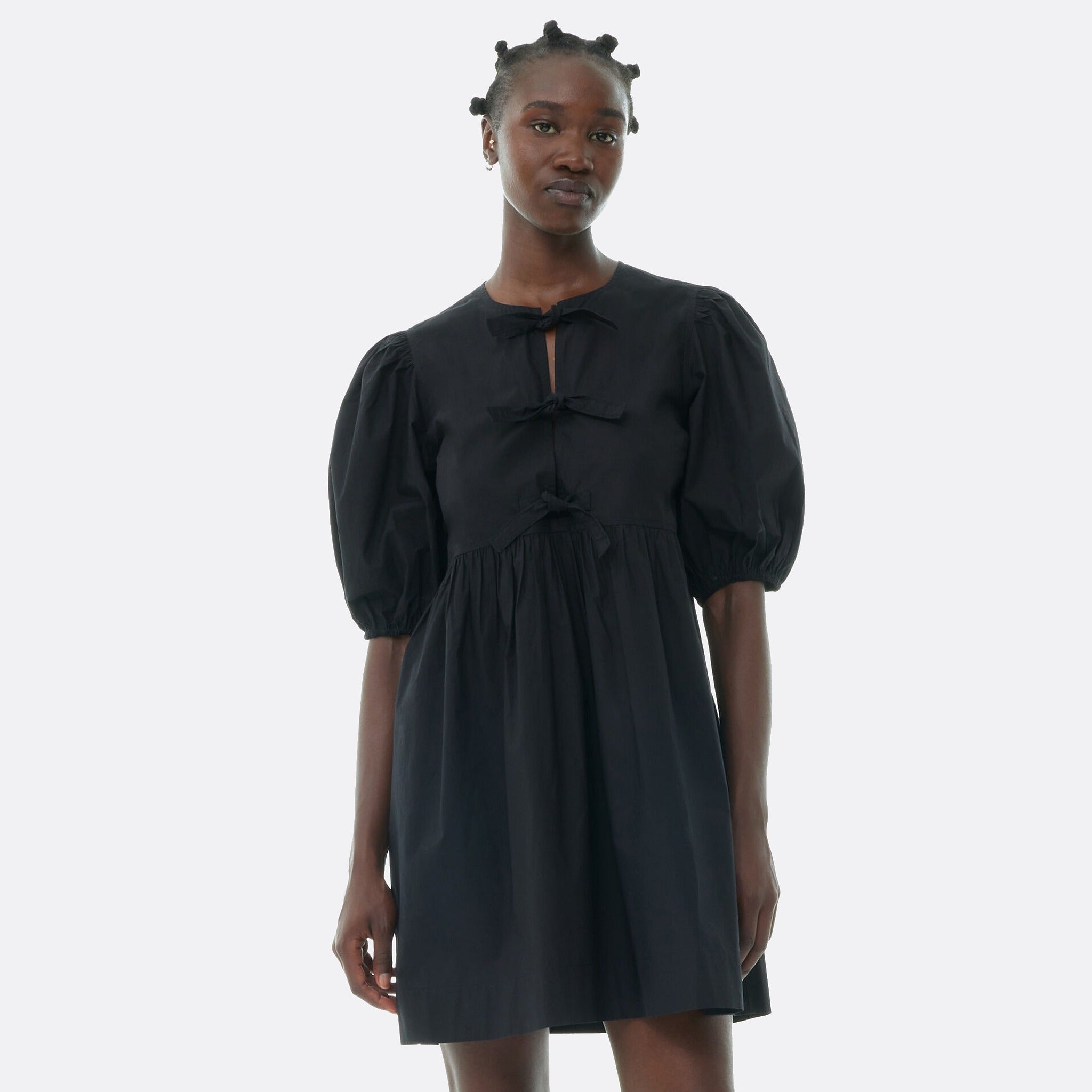 GANNI Tie-Front Poplin Mini Dress in Black