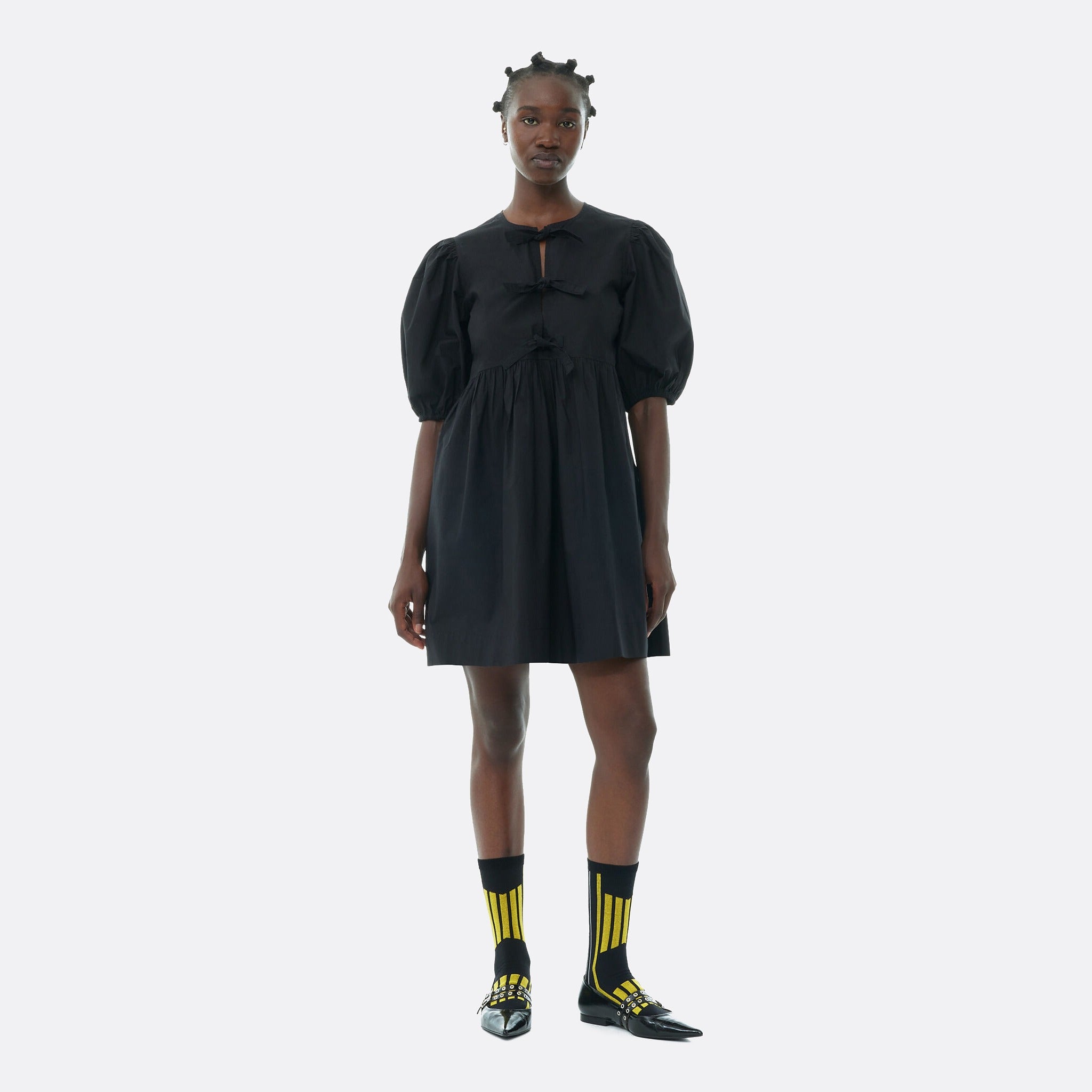 GANNI Tie-Front Poplin Mini Dress in Black