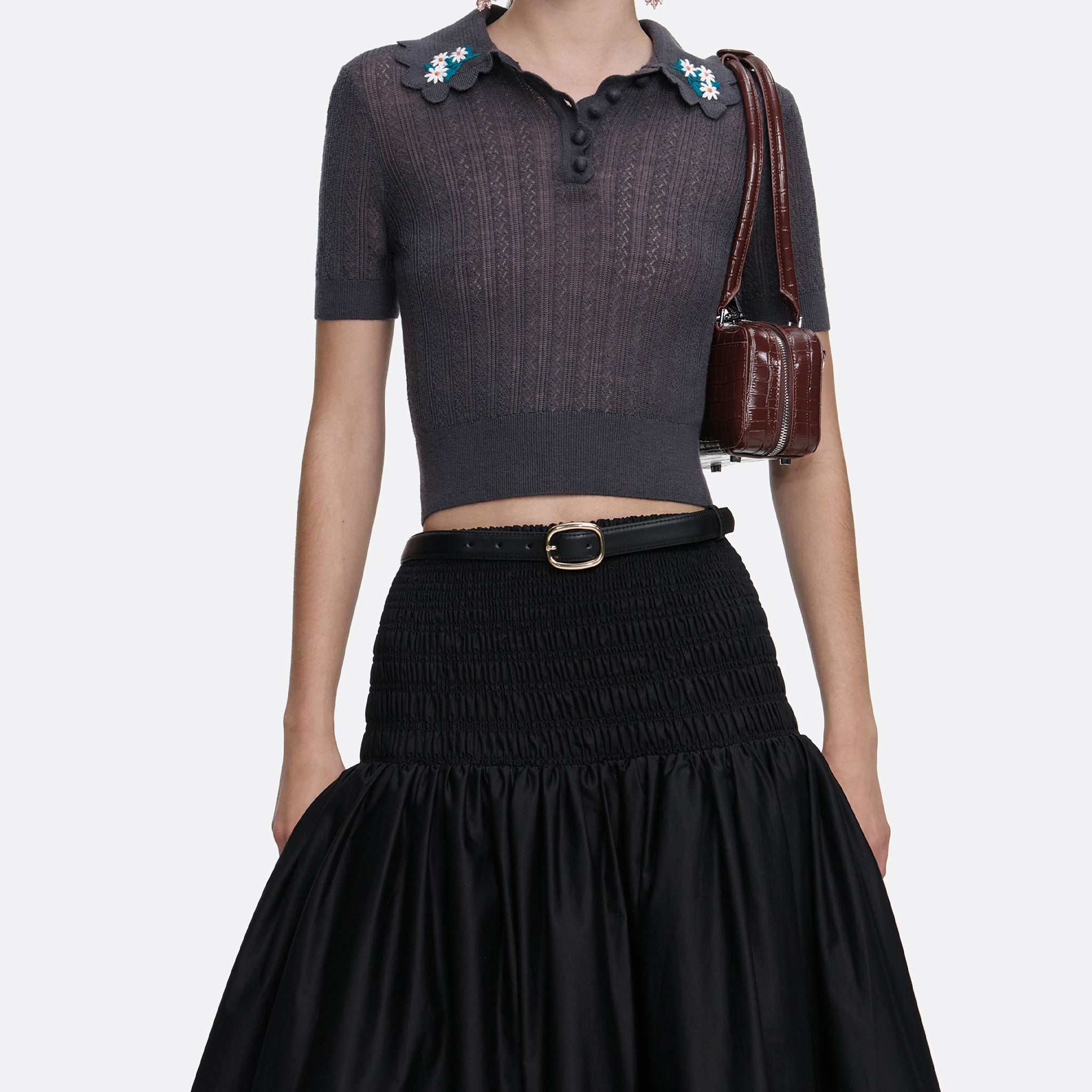 Embroidered Pointelle Knit Top by Self-Portrait in Grey