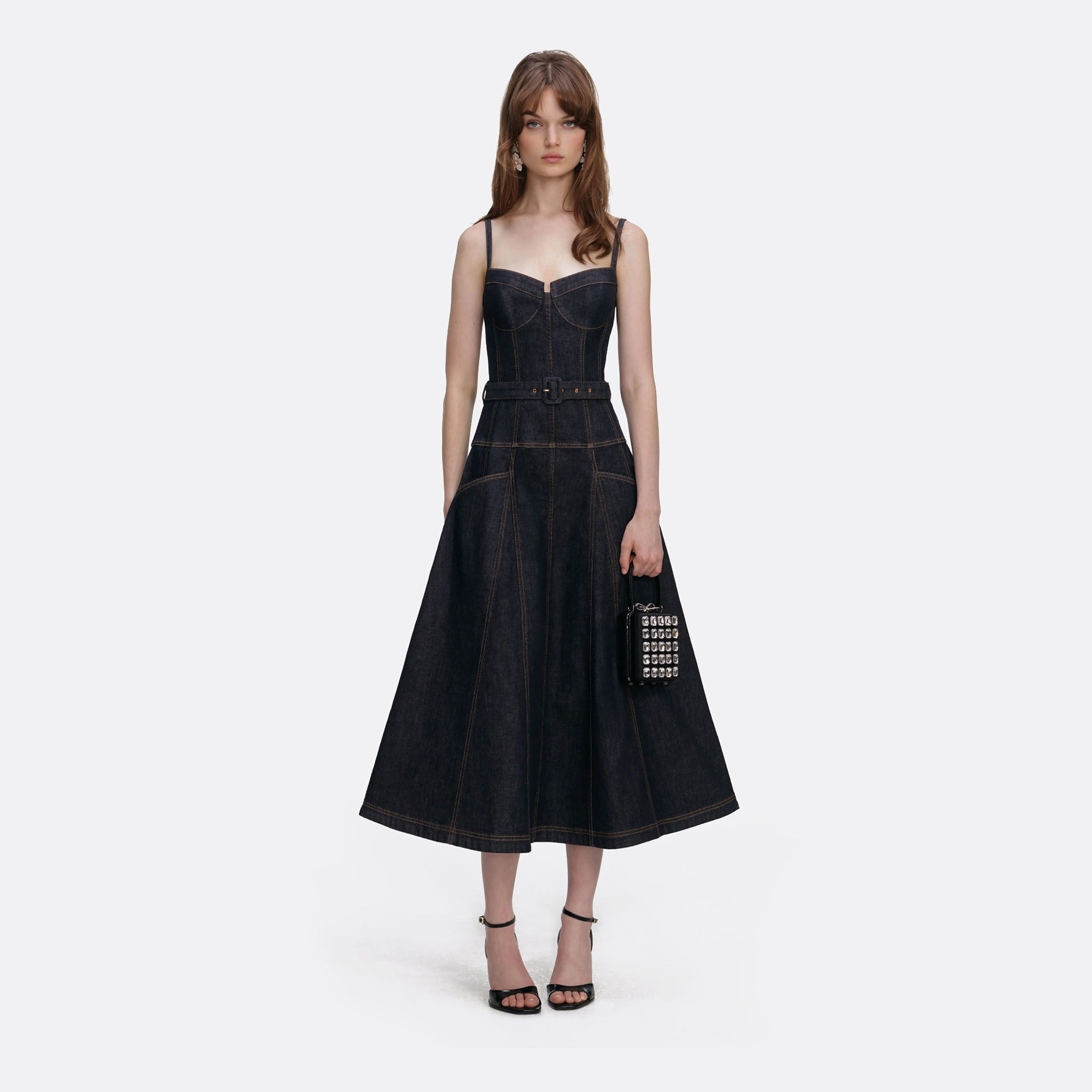 Indigo Denim Flared Midi Dress from Self-Portrait