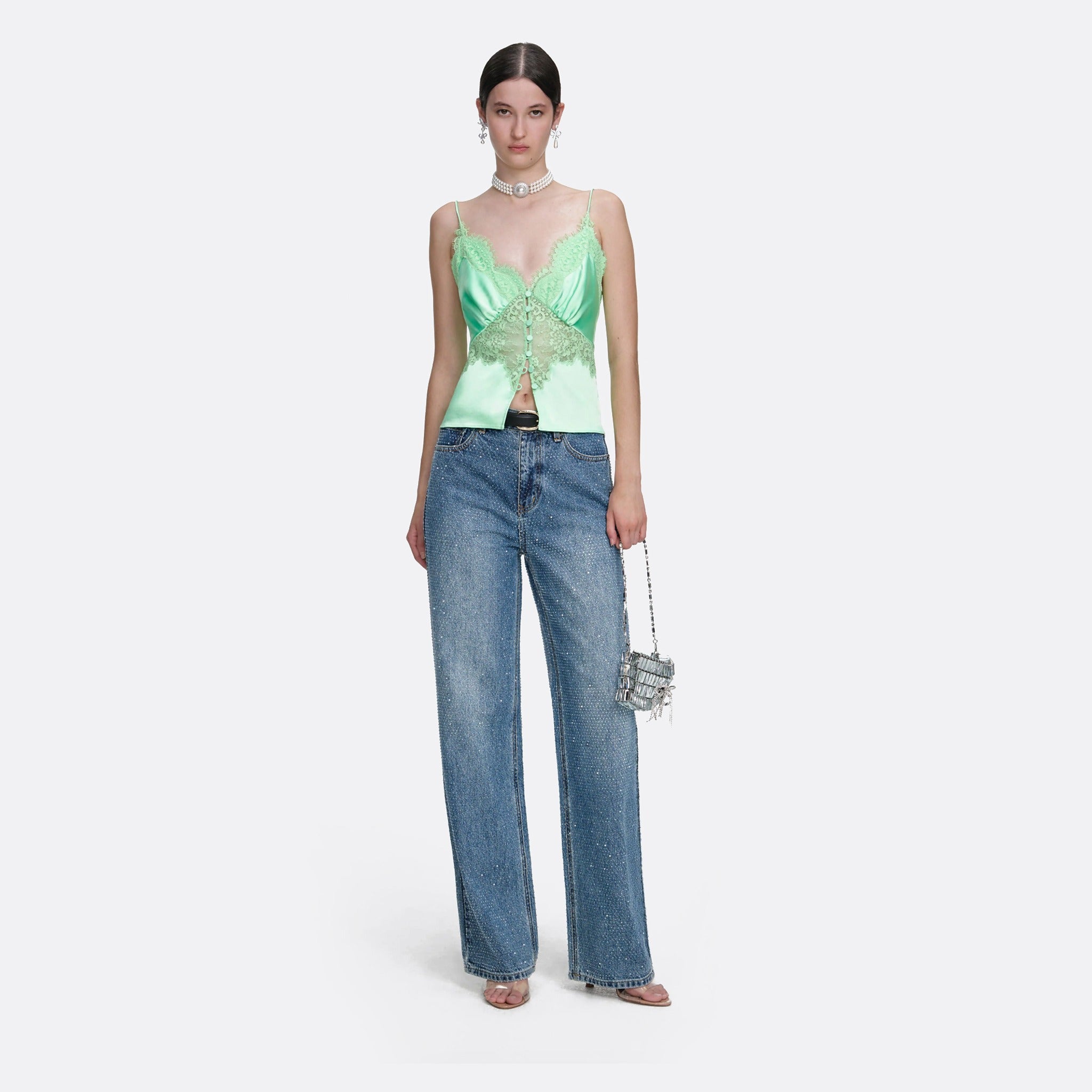 Rhinestone Denim Straight-Leg Jeans from Self-Portrait