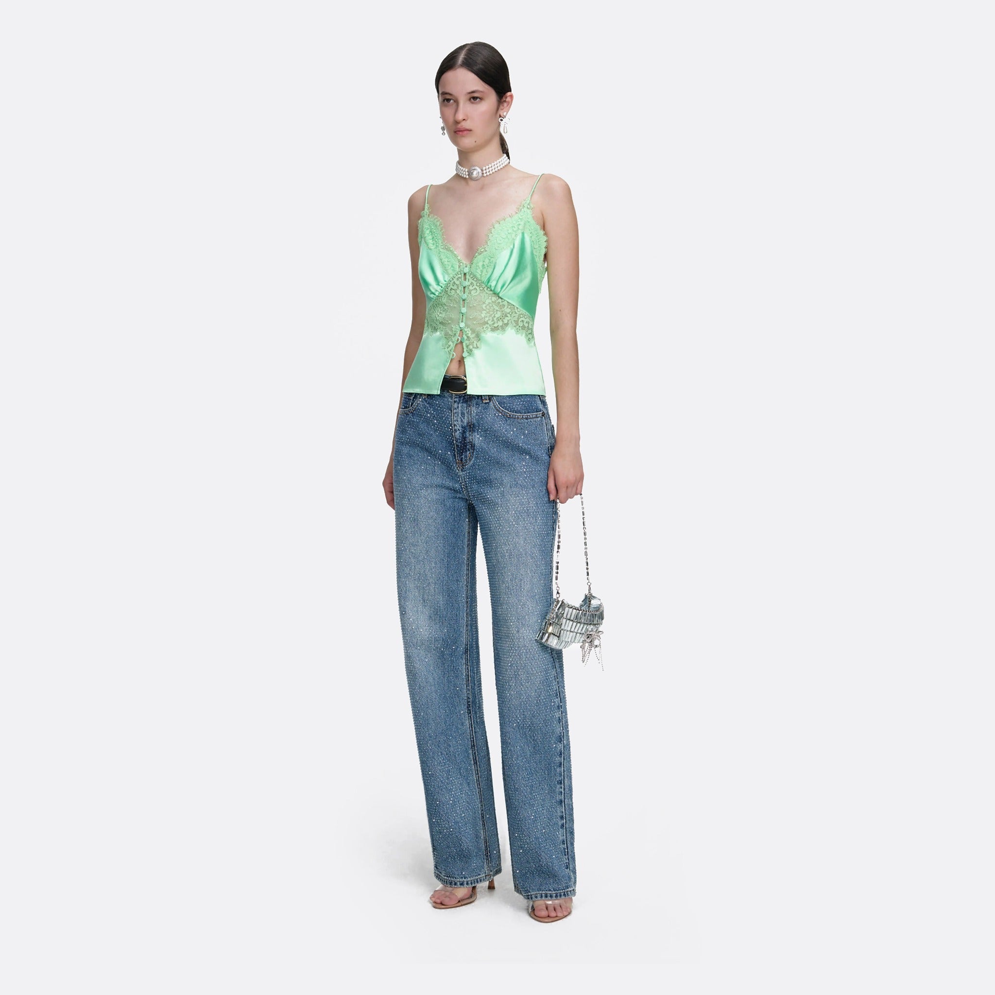 Rhinestone Denim Straight-Leg Jeans from Self-Portrait