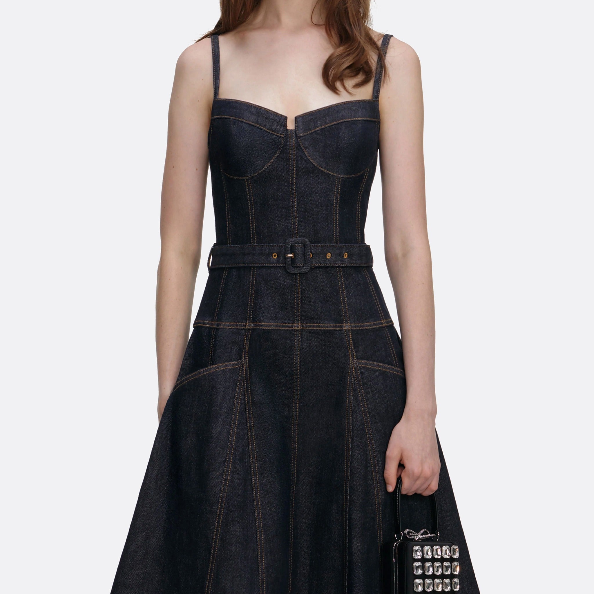 Indigo Denim Flared Midi Dress from Self-Portrait