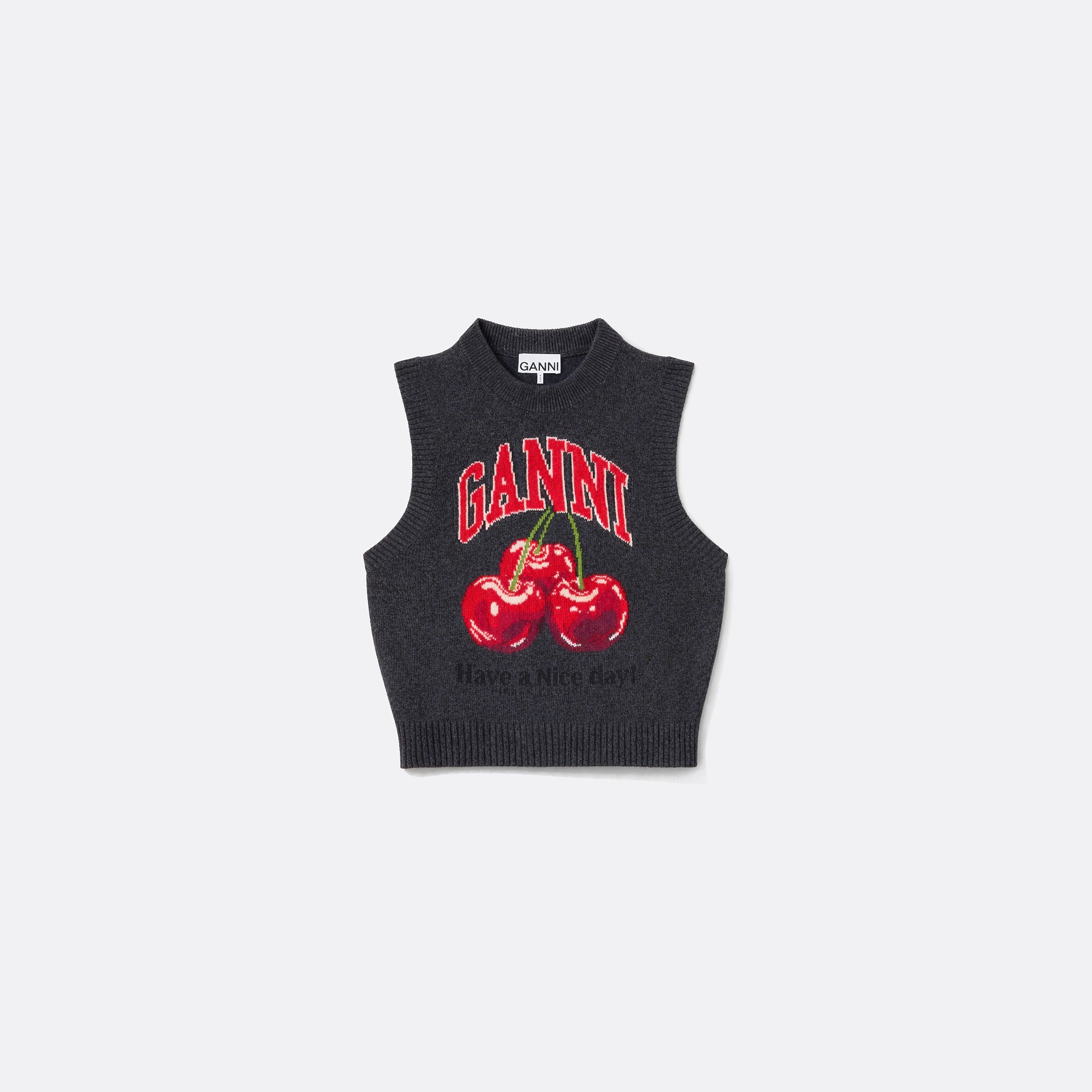 Ganni 'cherry' sleeveless vest in wool jacquard.