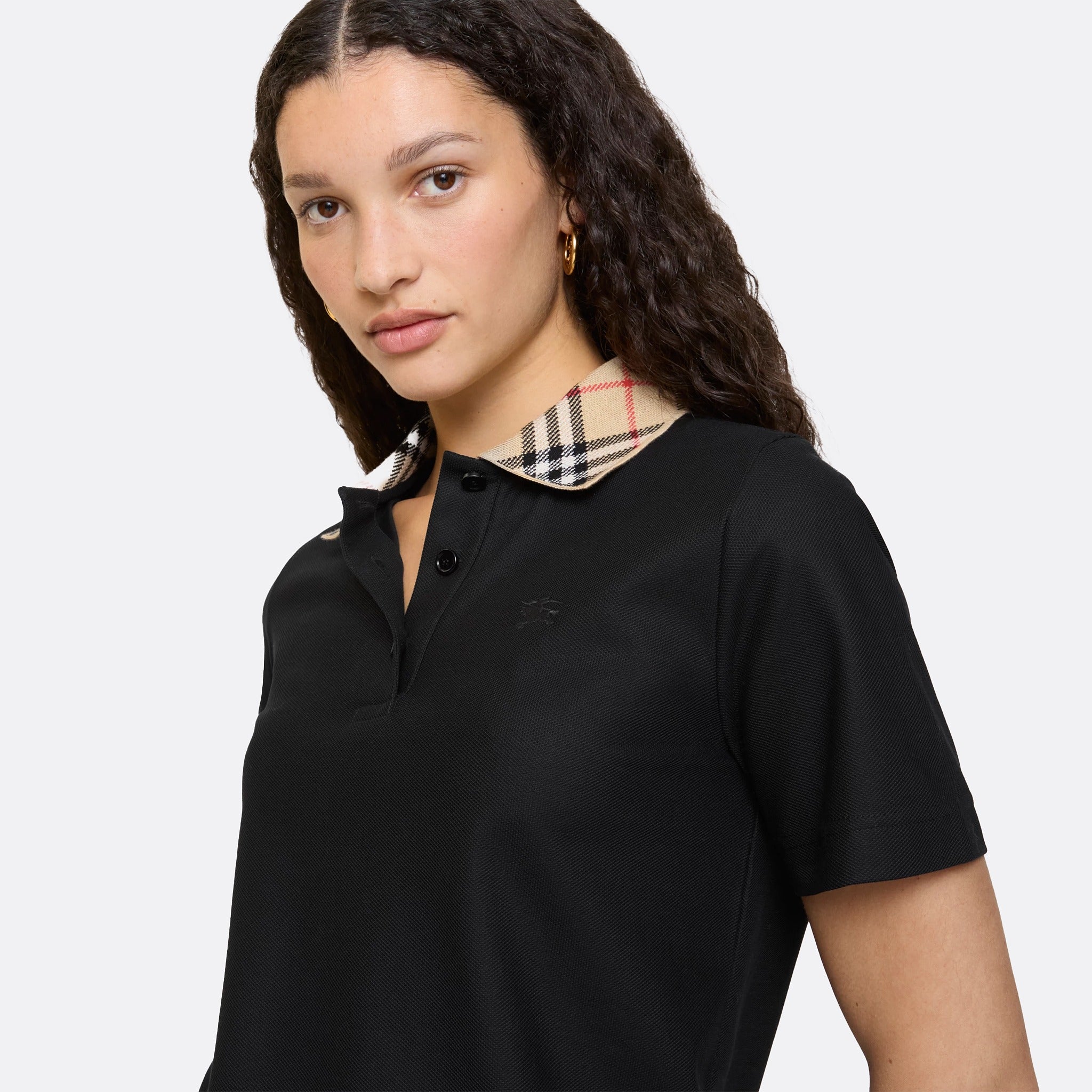 The Slim Fit Check Collar Cotton Polo Shirt from Burberry in Black