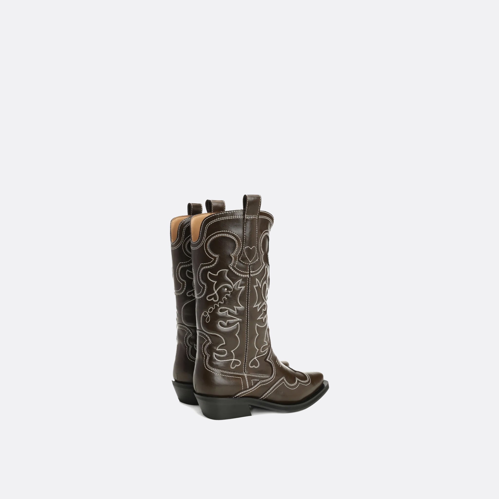 GANNI Mid Shaft Embroidered Western Boot White Stiched in Dark Olive/Egret