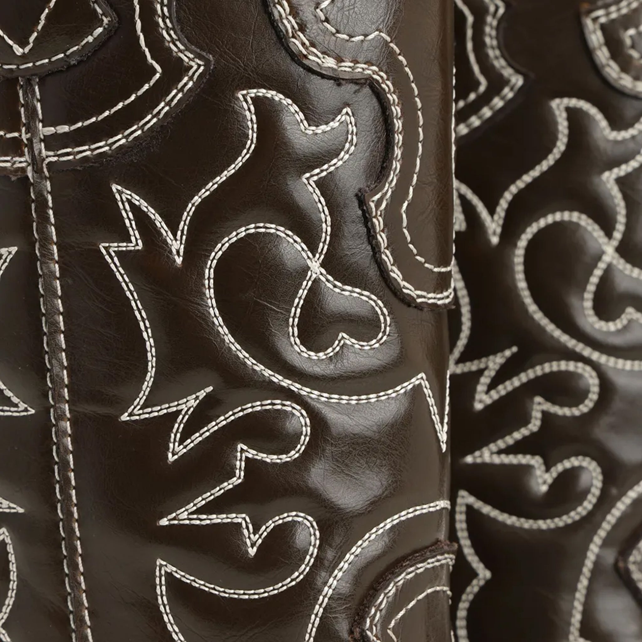 GANNI Mid Shaft Embroidered Western Boot White Stiched in Dark Olive/Egret