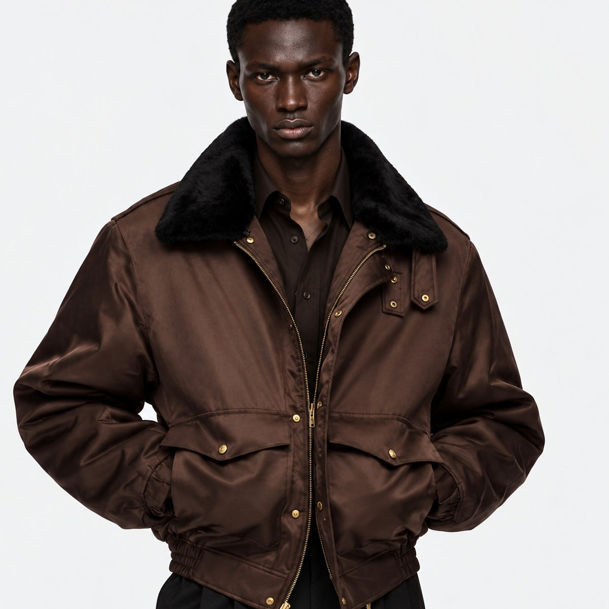 Dark-skinned male model facing the camera in a studio, wearing a brown bomber jacket with a black shearling collar over a dark brown shirt. He has a bold, serious expression, sculpted cheekbones, and his hands are tucked into the jacket pockets against a light gray background.