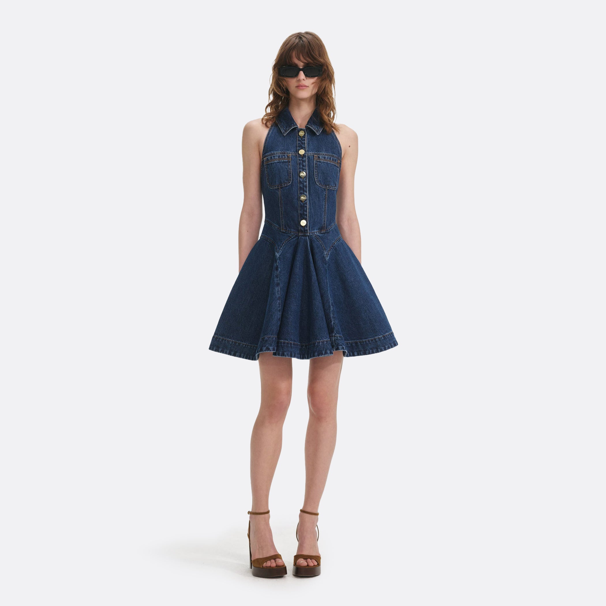 Self Portrait ELLIS ROSCH Denim Sleeveless Flared Mini Dress