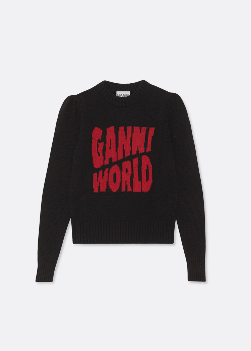 Graphic Puff Shoulder 'Ganni World' Sweater