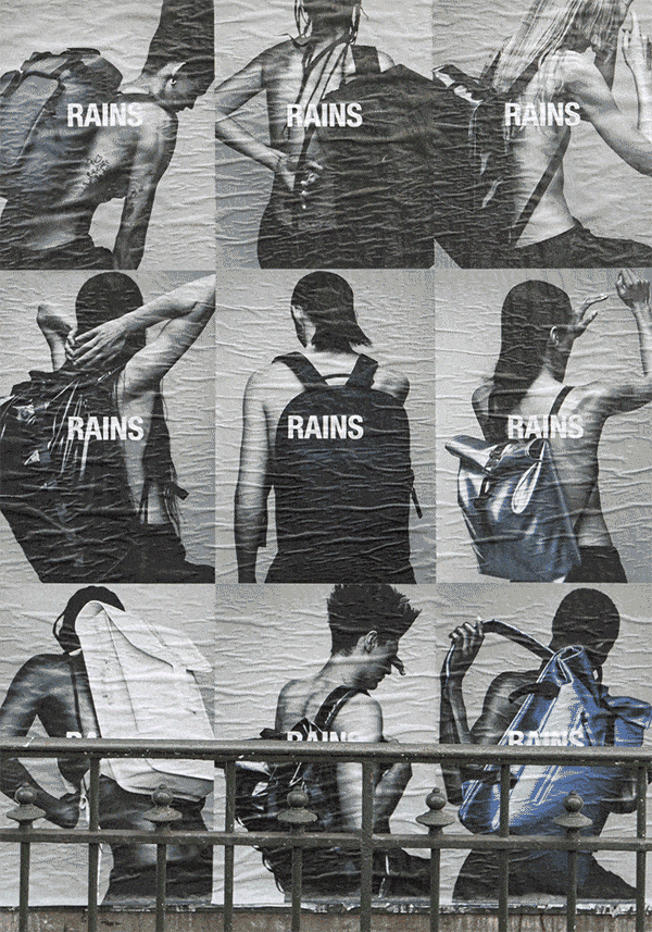 RAINS waterproof backpacks in monochrome portraits — minimalist Scandinavian design with urban street style edge.