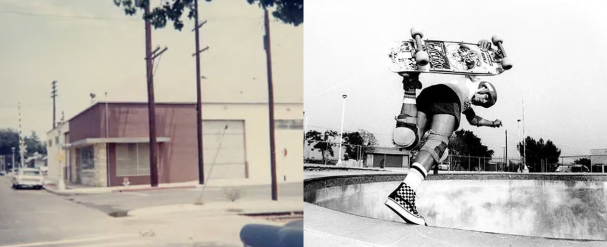 Vintage Vans skateboarding campaign featuring an empty California street and a black-and-white action shot of a skateboarder wearing checkerboard Vans sneakers at a concrete skatepark.