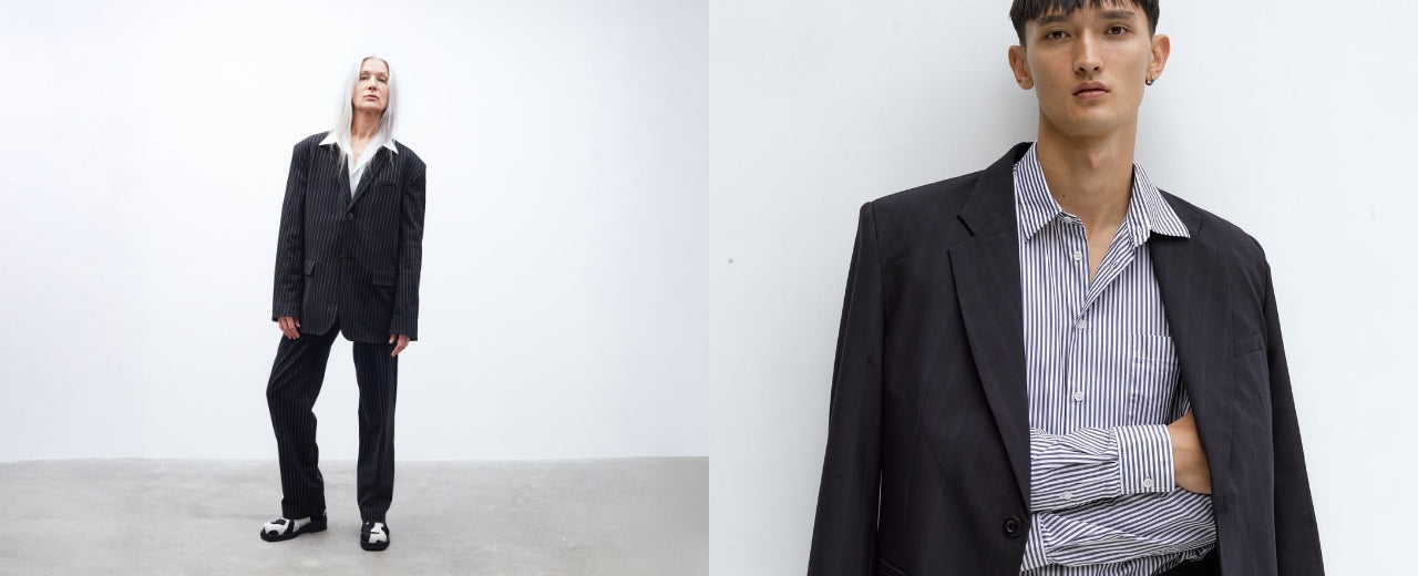 Soulland unisex tailoring from Copenhagen, defined by relaxed silhouettes, striped shirting, and a gender-fluid approach to contemporary fashion.