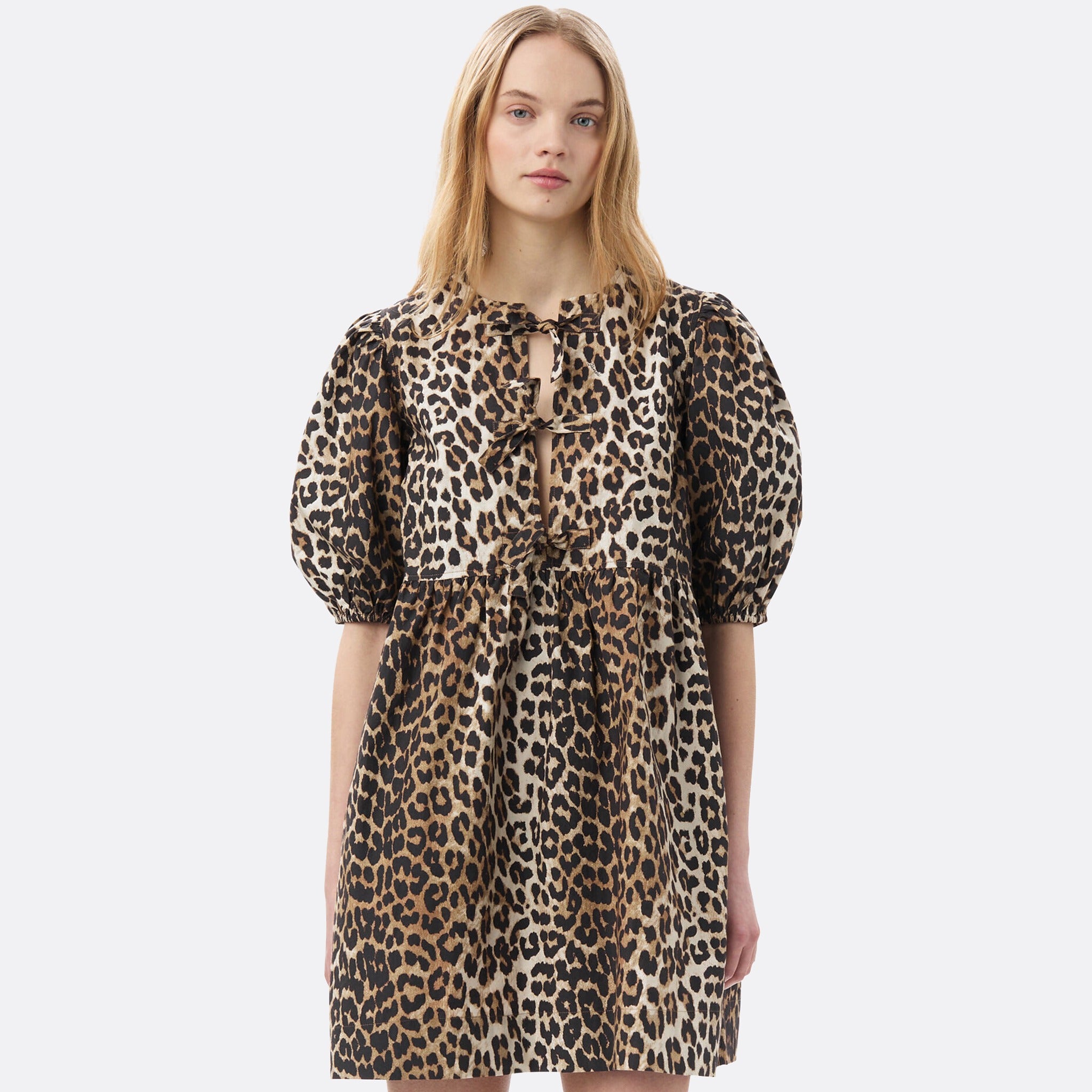 The Leopard Tie-Front Cotton Mini Dress from Ganni 