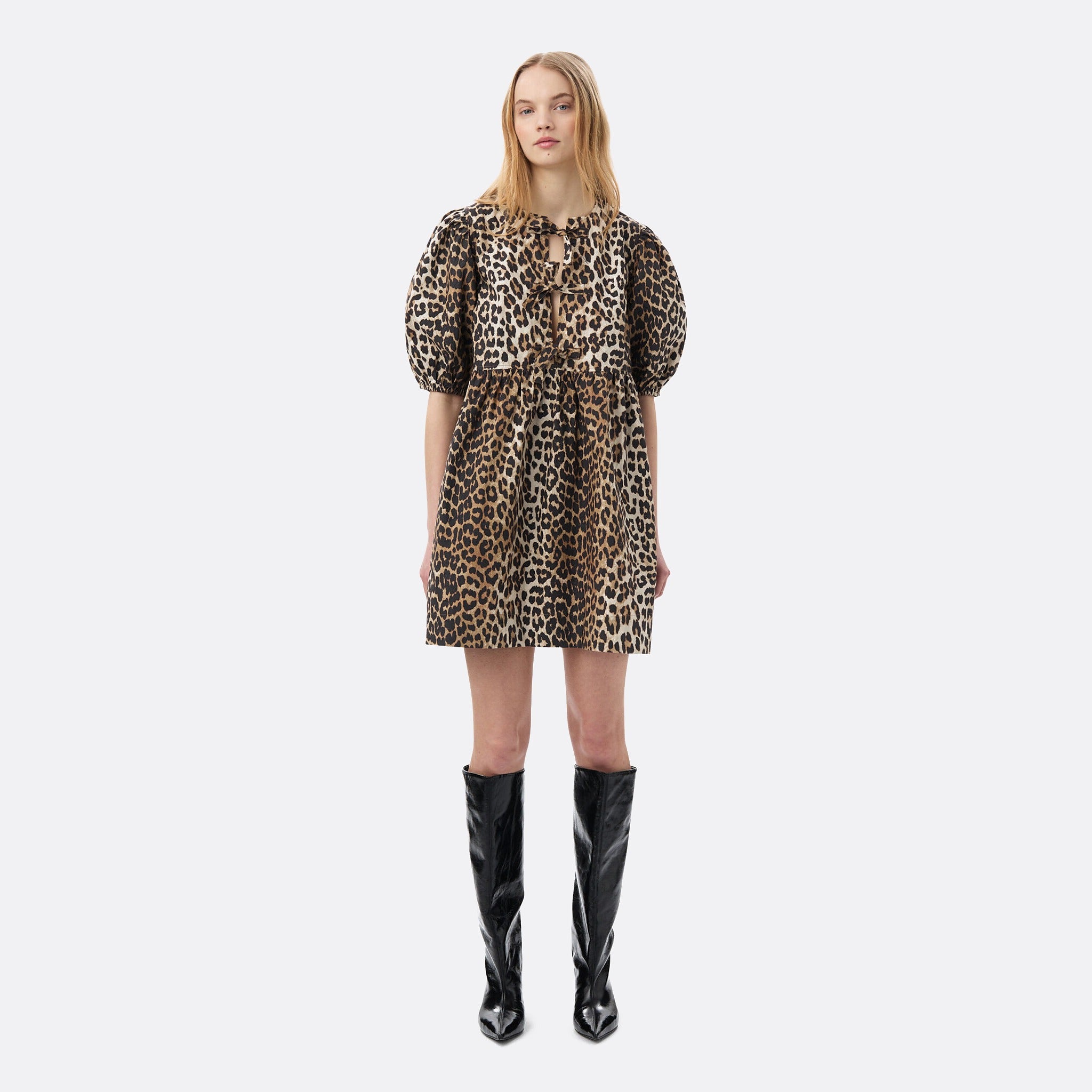The Leopard Tie-Front Cotton Mini Dress from Ganni 