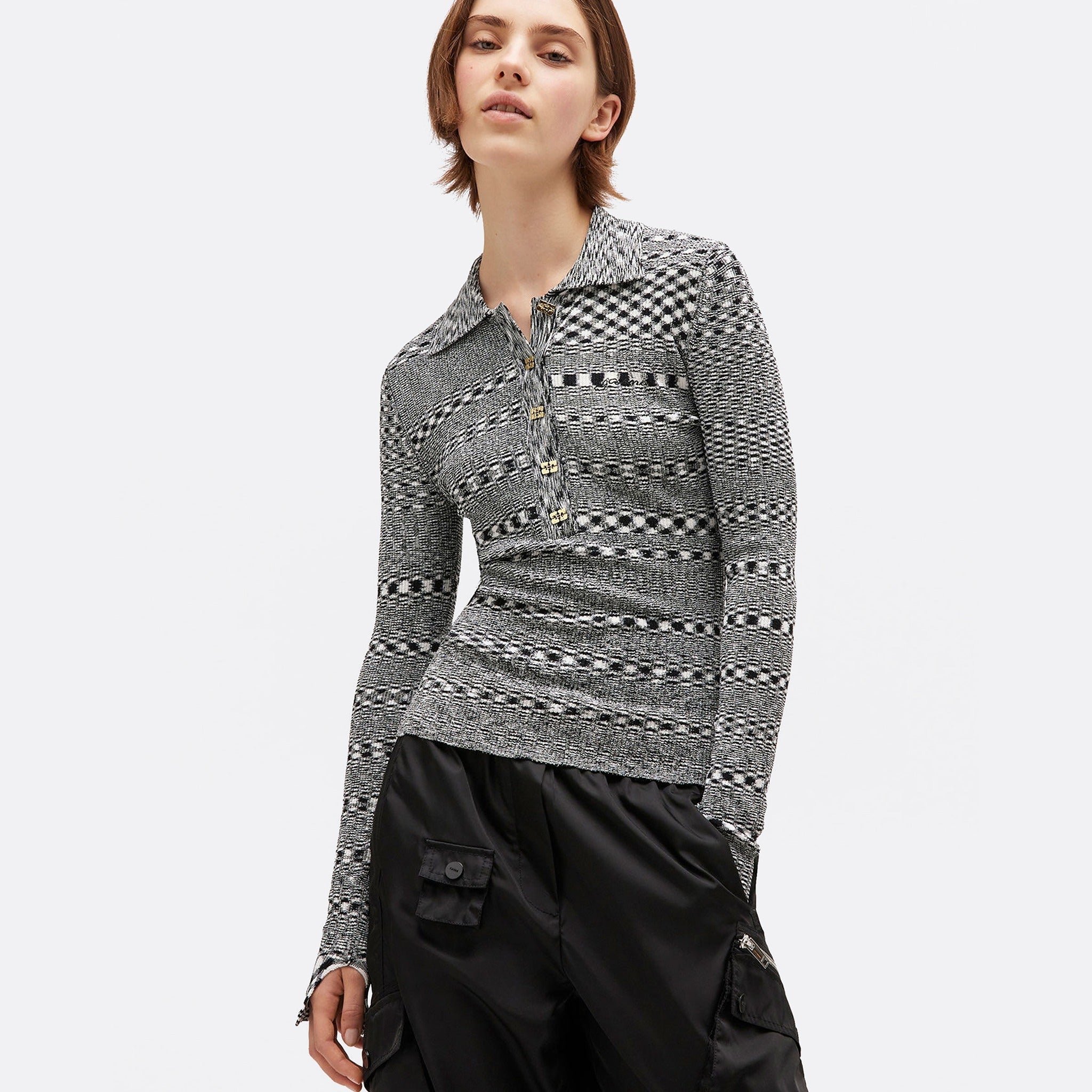 The Grey Striped Knitted Polo Shirt from Ganni