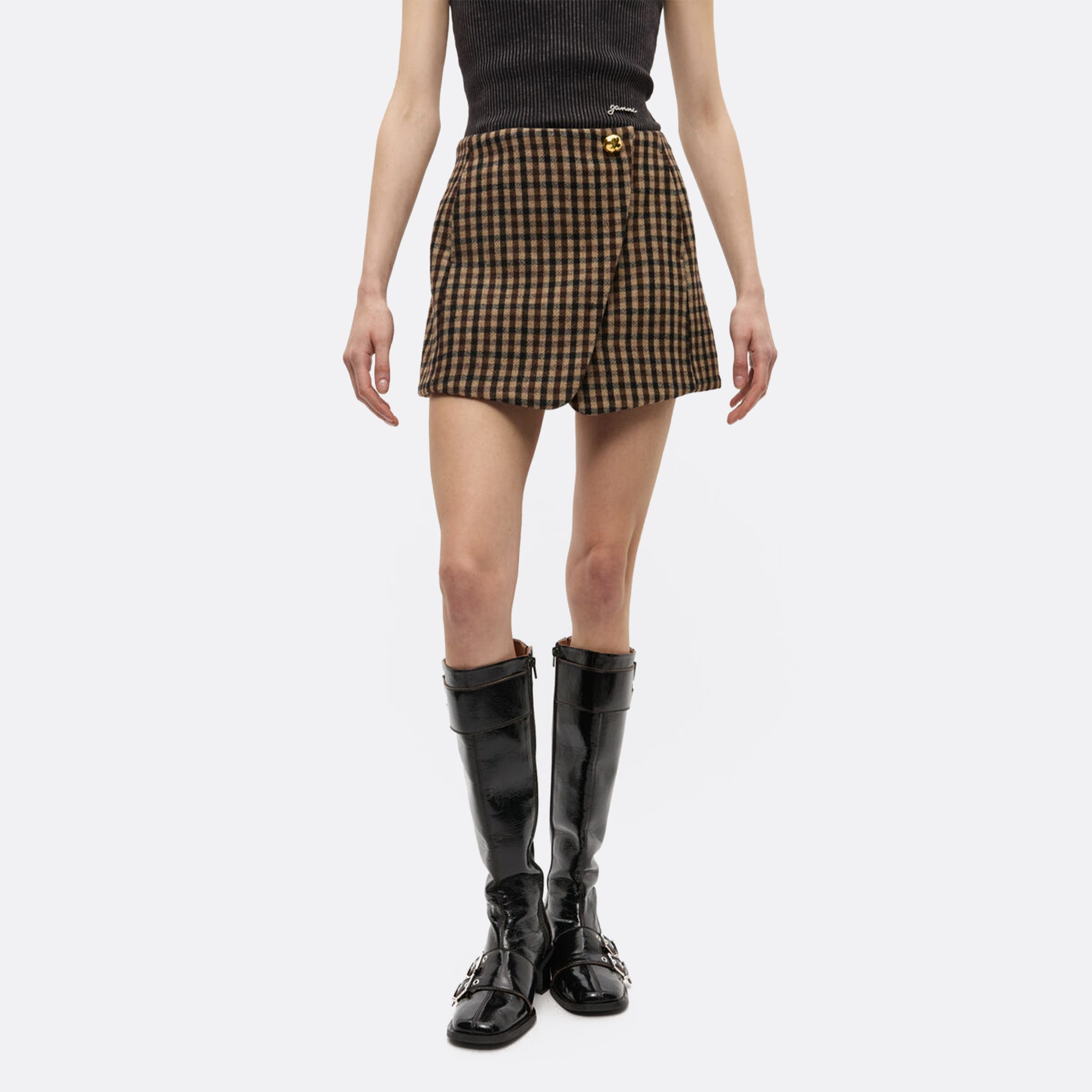 GANNI Check Wool Mix Wrap Mini Skirt