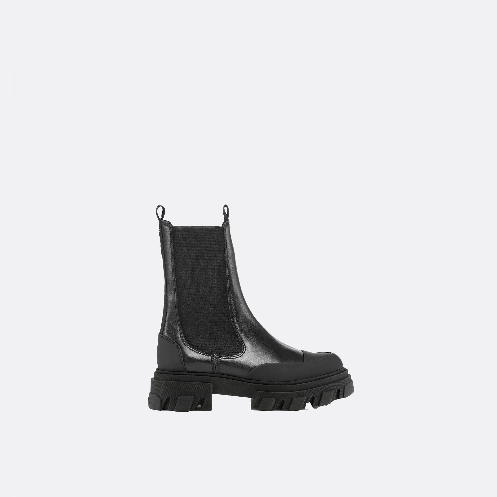 Ganni Cleated Mid Chelsea Boot in Black Leather