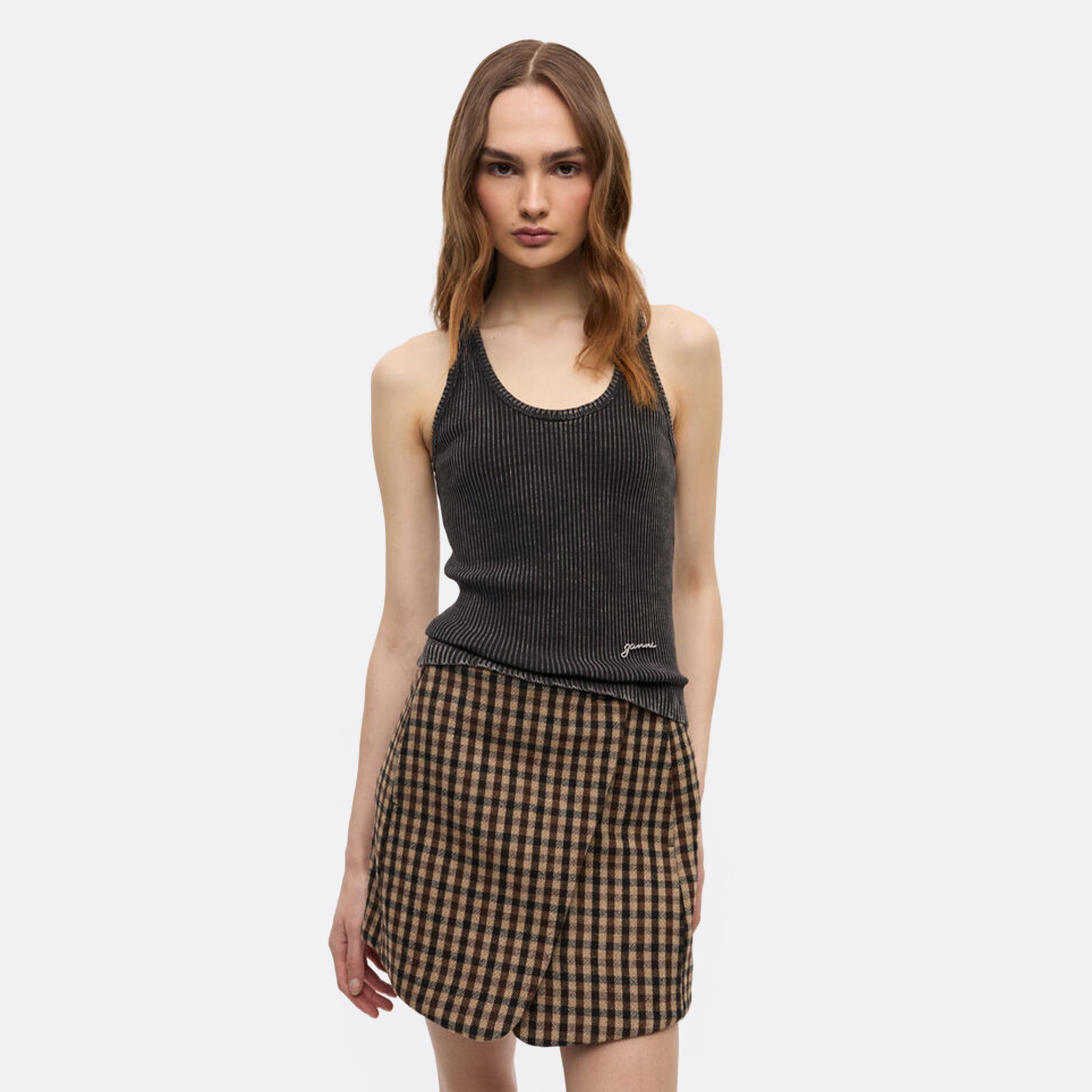 GANNI Check Wool Mix Wrap Mini Skirt
