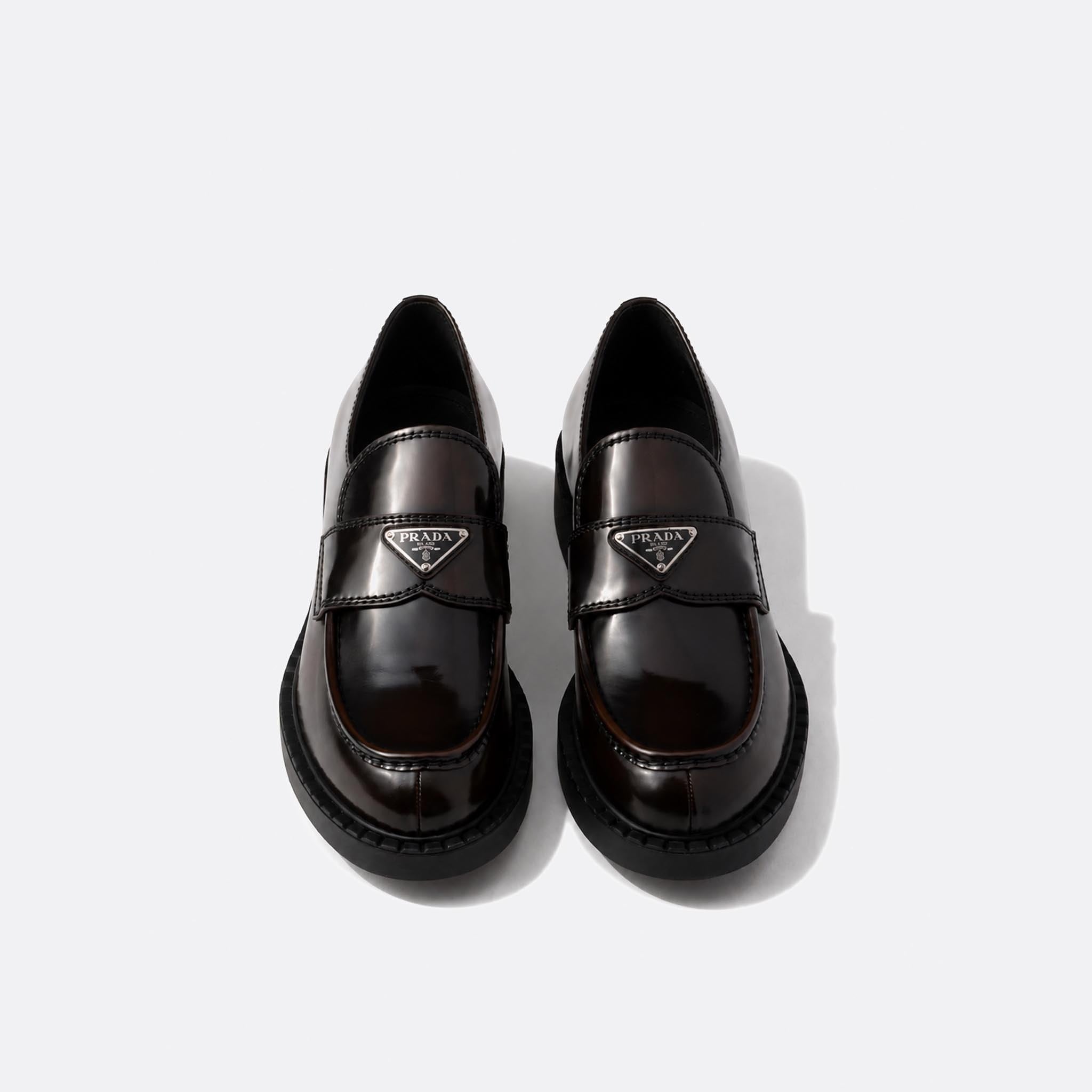 Chocolate Brushed Leather Loafers from Prada