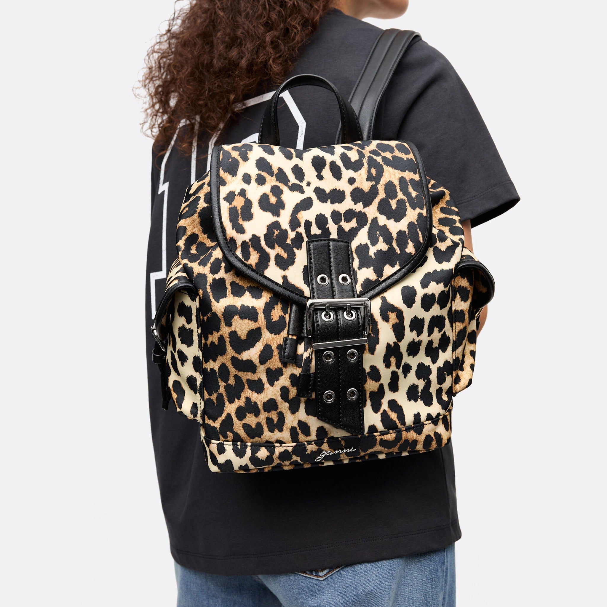 The Leopard Small Nylon Bucky Backpack from Ganni