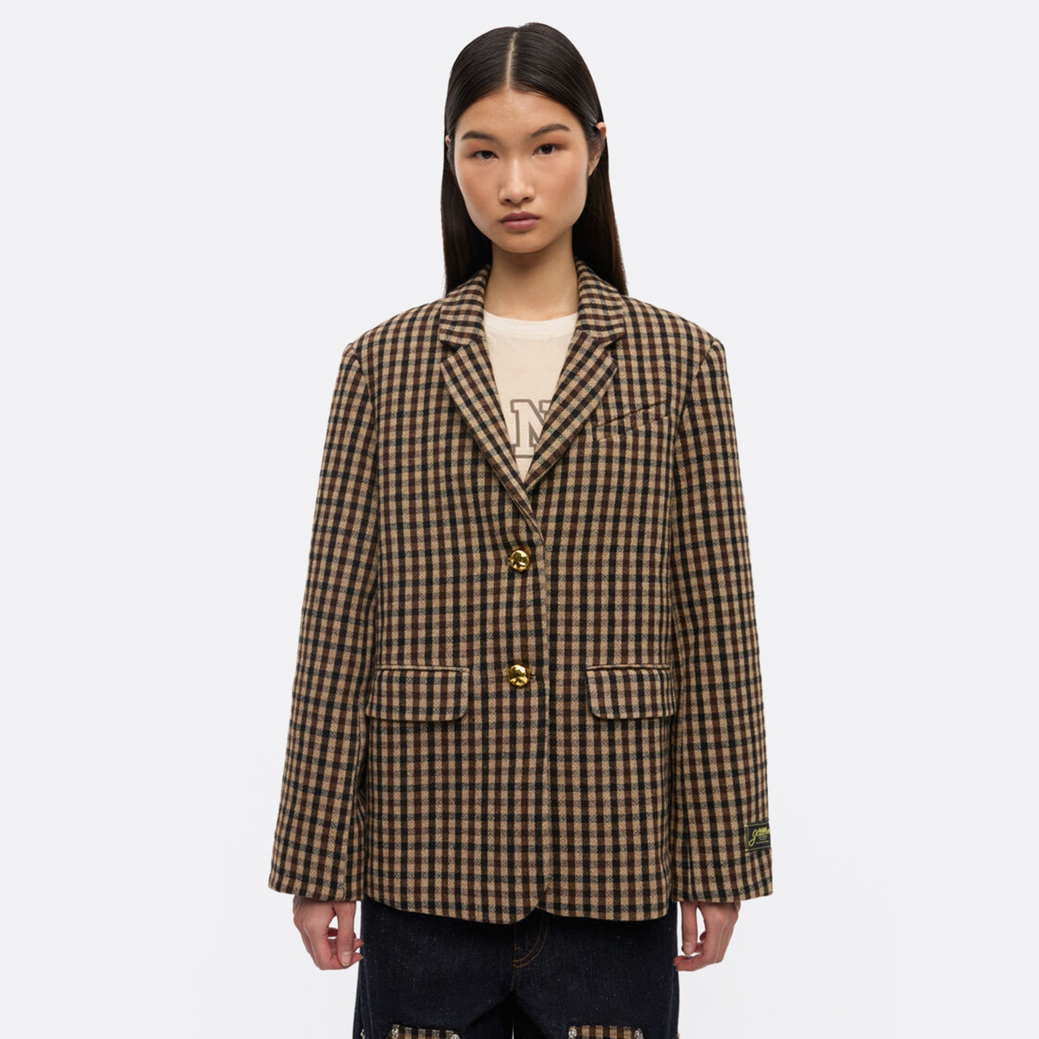 GANNI Check Wool-Mix Oversized Blazer