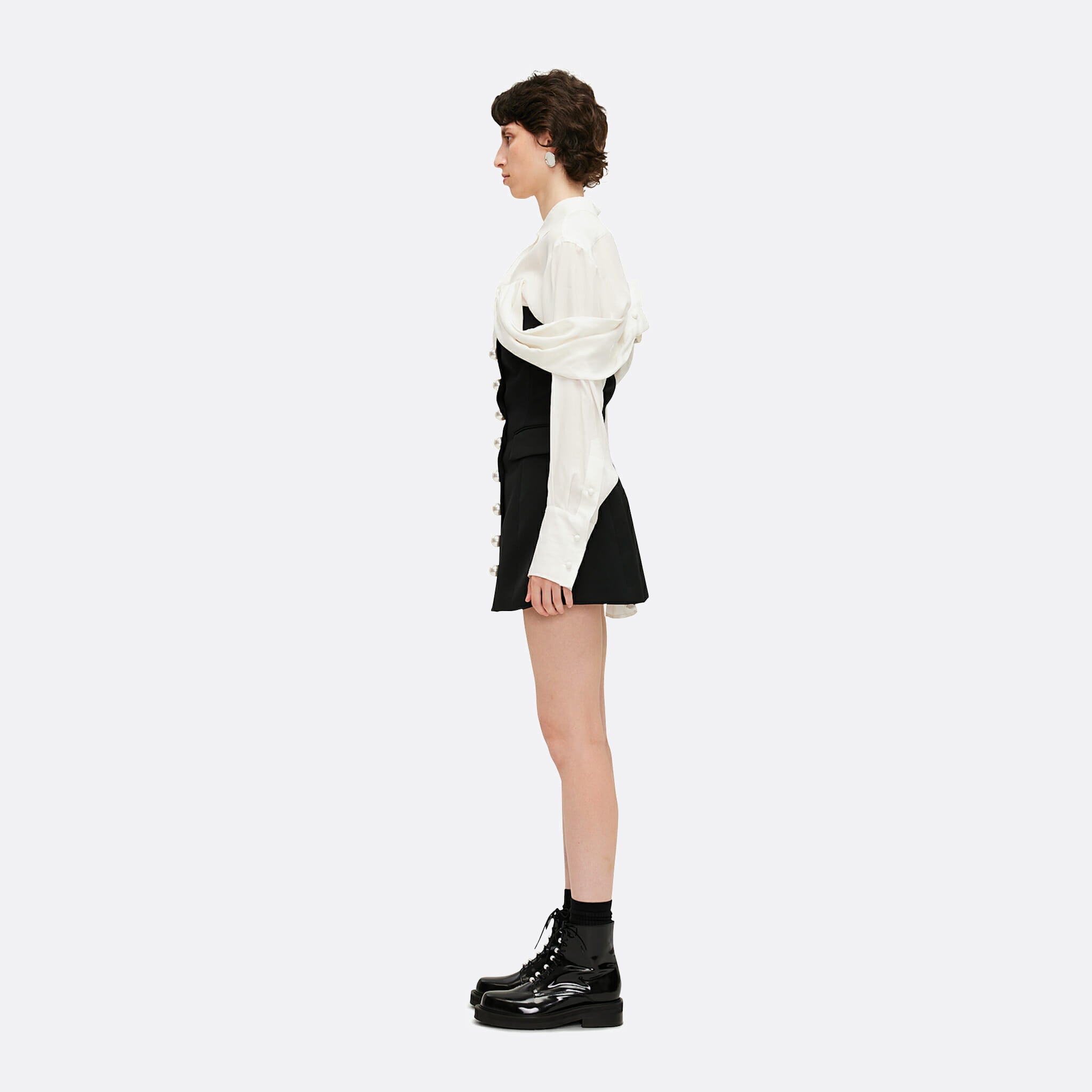 Pearl Buttons Wool Blend Bustier Mini Dress in Black