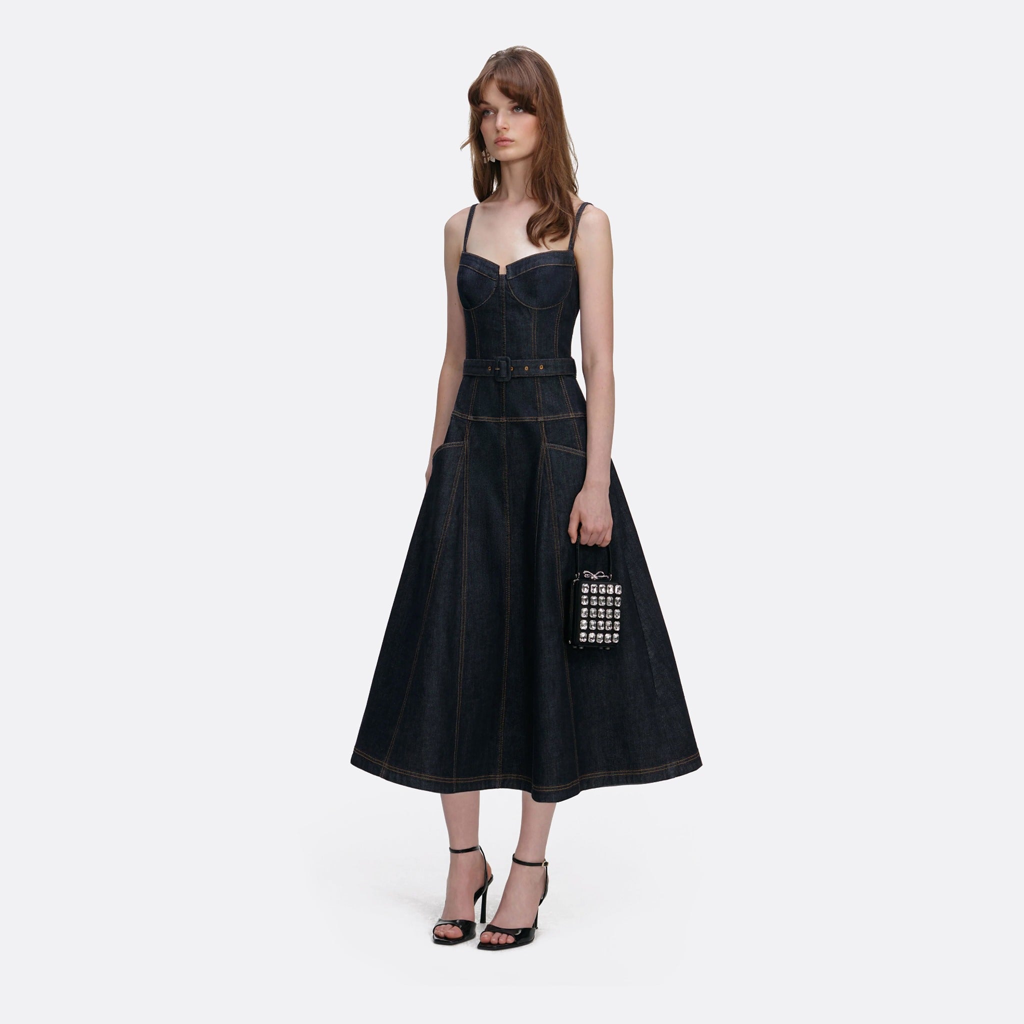Indigo Denim Flared Midi Dress from Self-Portrait