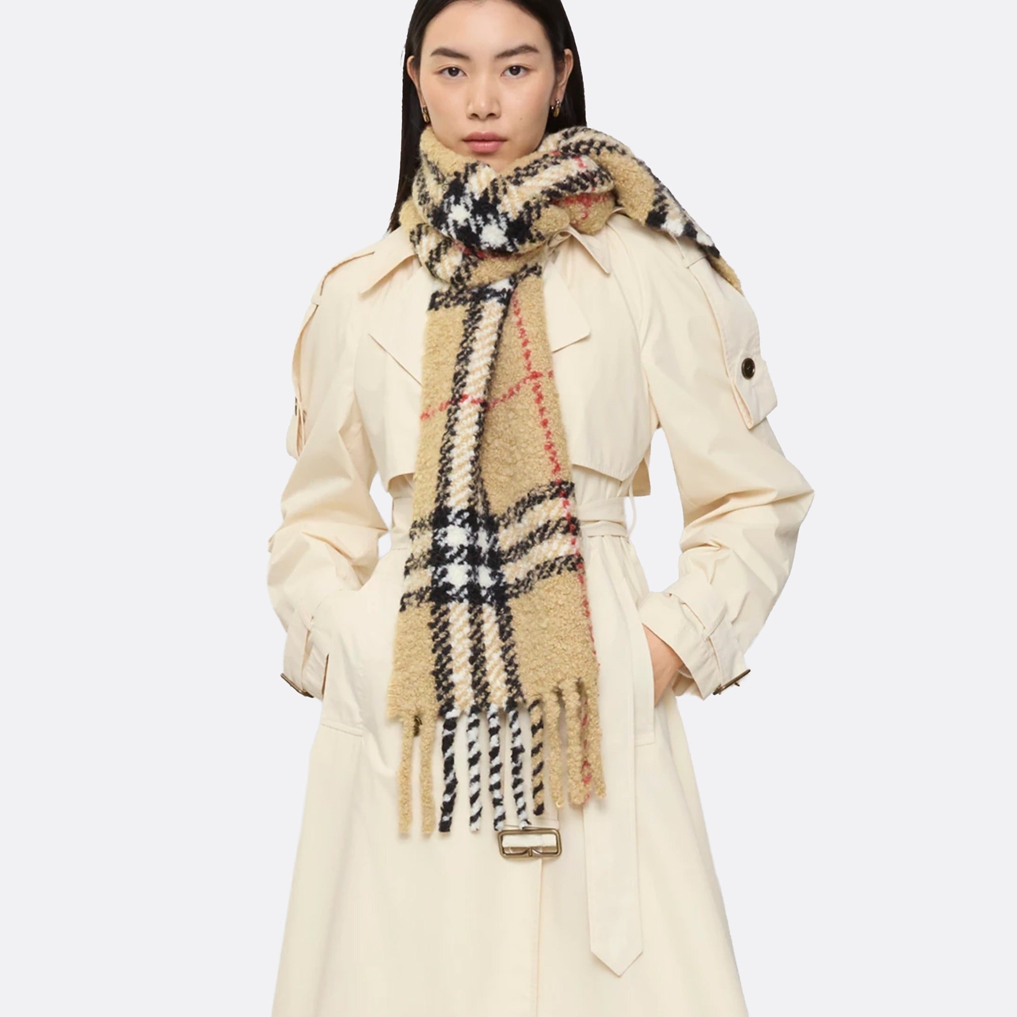 The Check Alpaca Wool Blend Bouclé Scarf from Burberry in Sand Beige