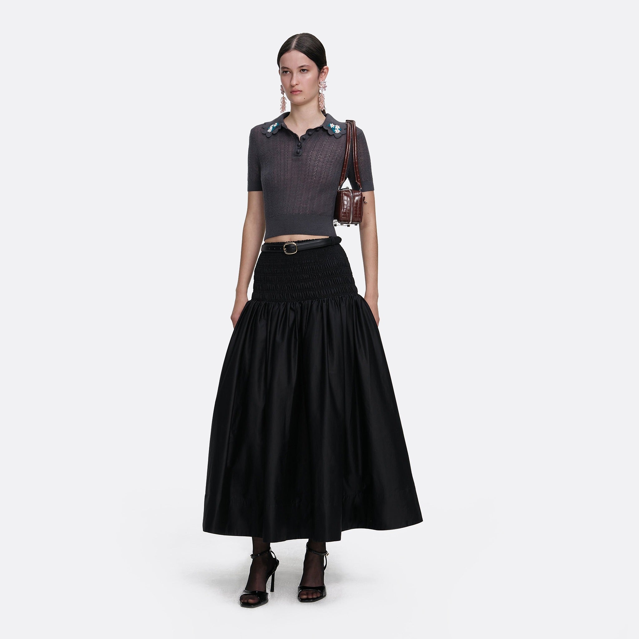 Embroidered Pointelle Knit Top by Self-Portrait in Grey