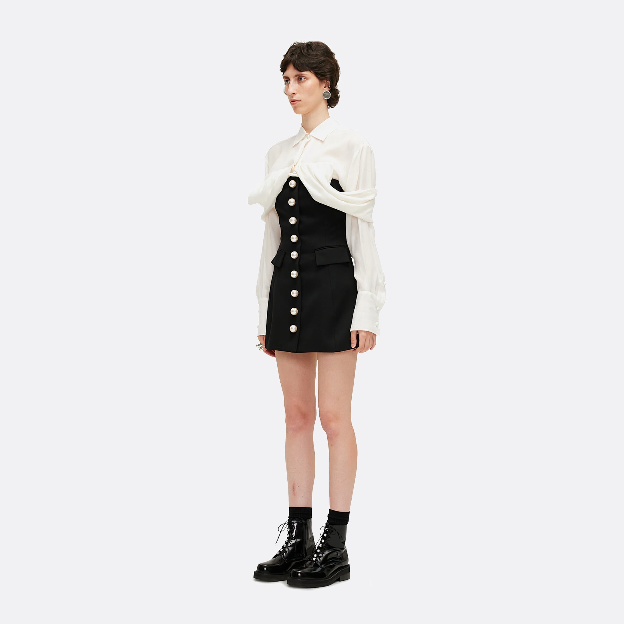 Pearl Buttons Wool Blend Bustier Mini Dress in Black