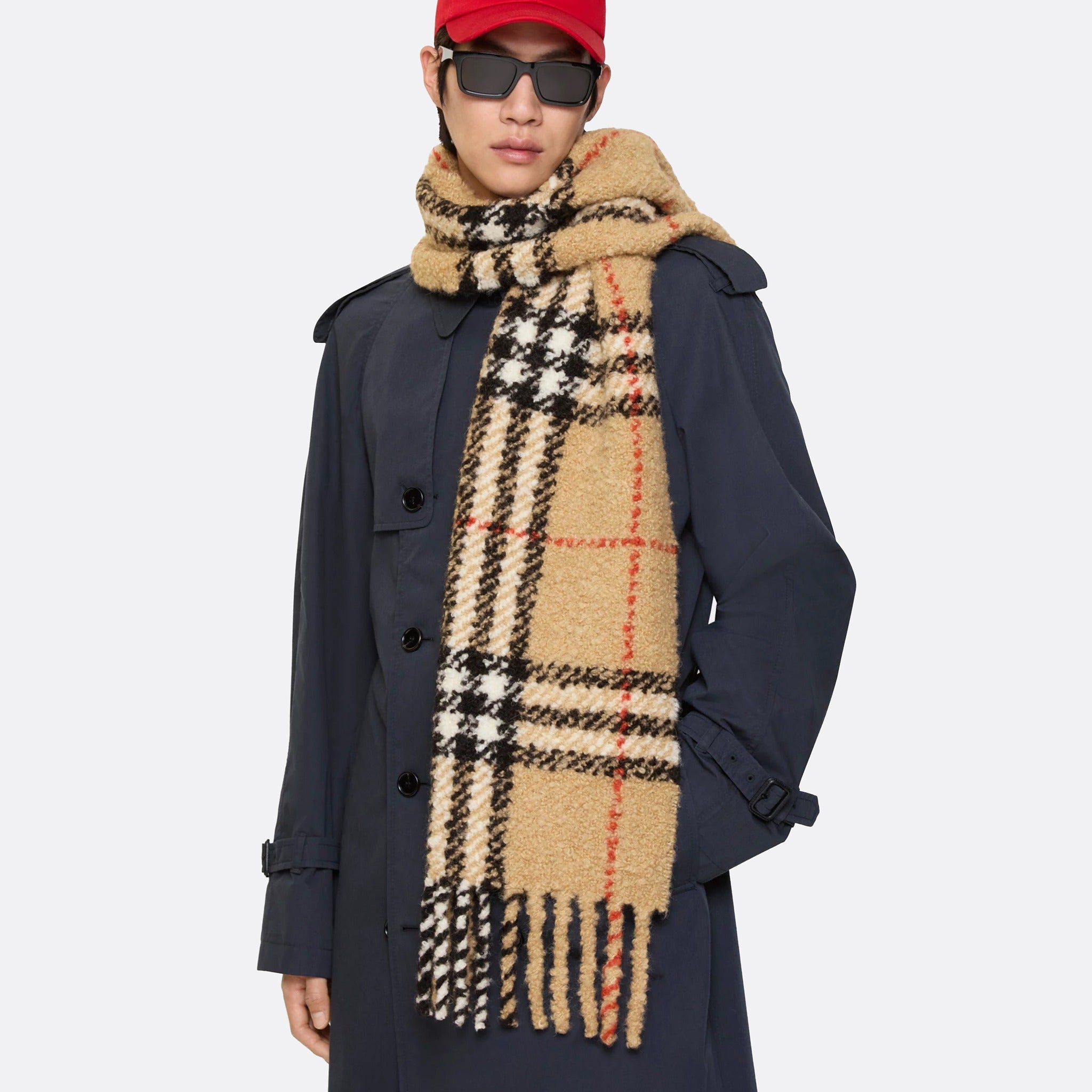 The Check Alpaca Wool Blend Bouclé Scarf from Burberry in Sand Beige