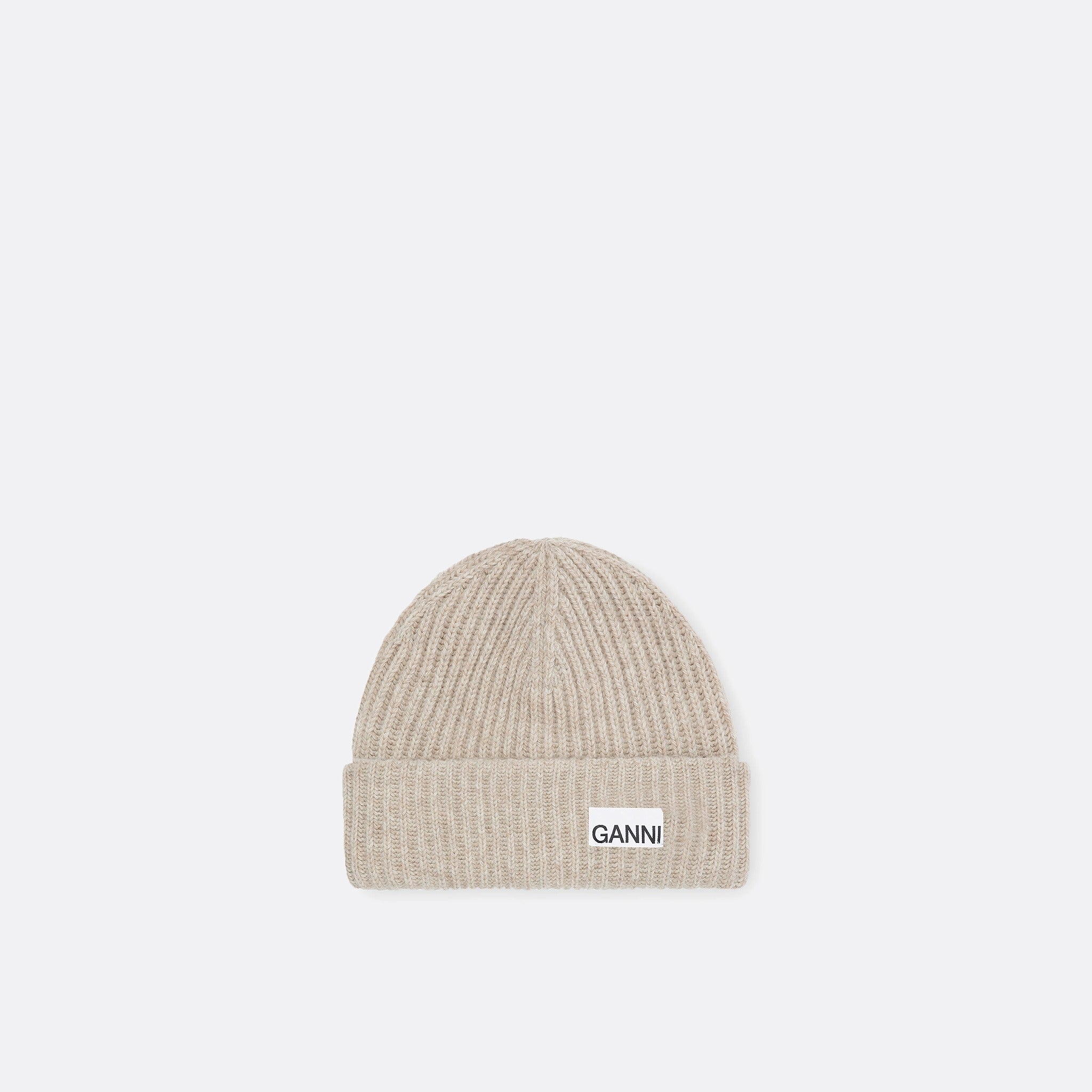Oversized Wool Rib Knit Beanie by Ganni in beige