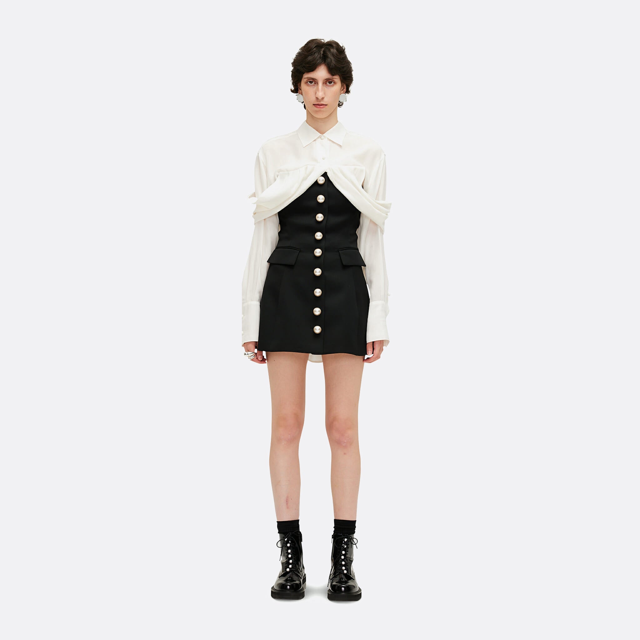 Pearl Buttons Wool Blend Bustier Mini Dress in Black