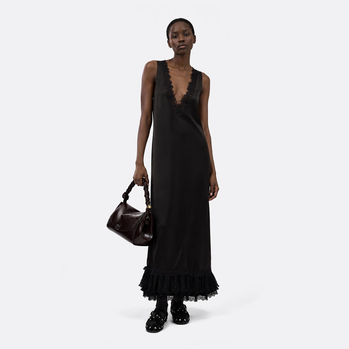 Lace-Trimmed Satin Long Dress from GANNI