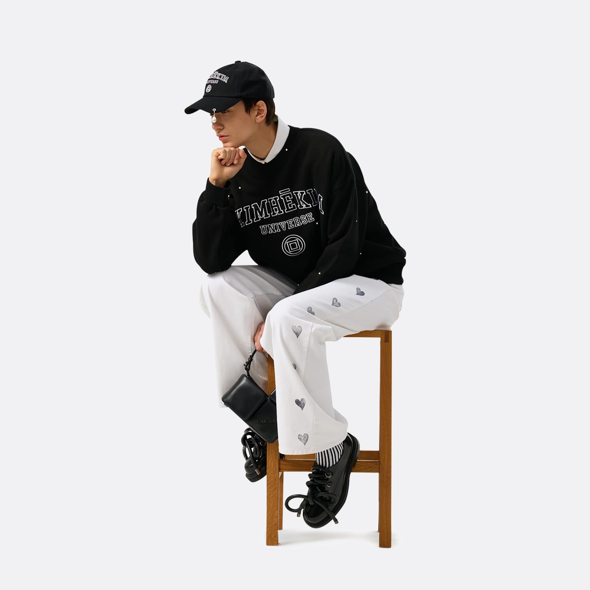 Kimhekim Pearl Pierced Baseball Cap in Black