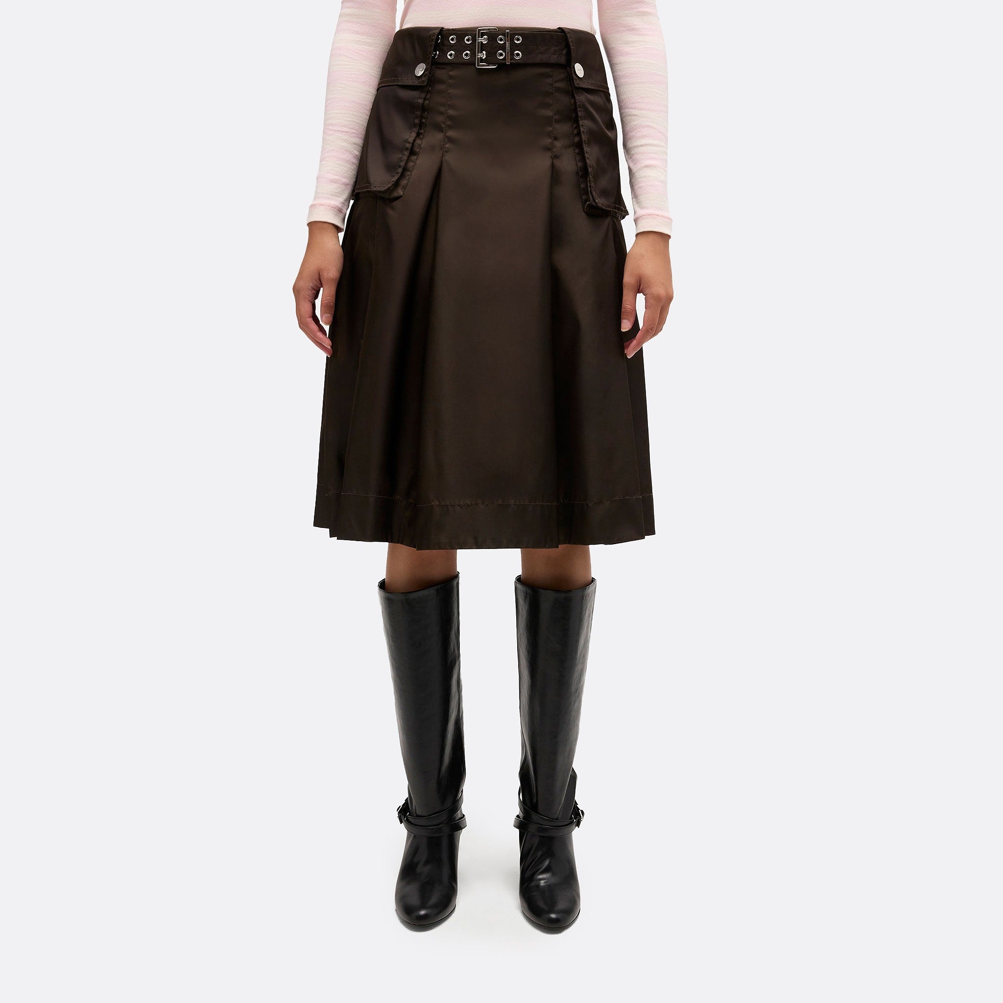 The Pleated Duchesse Nylon Skirt from Ganni in Brown