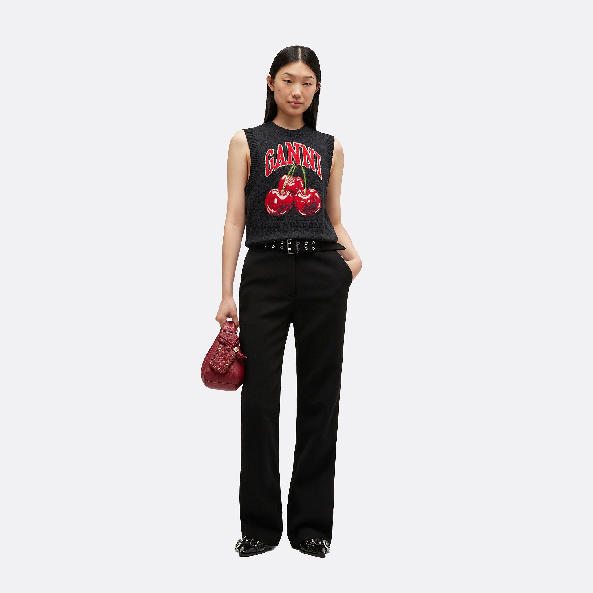 Ganni 'cherry' sleeveless vest in wool jacquard.