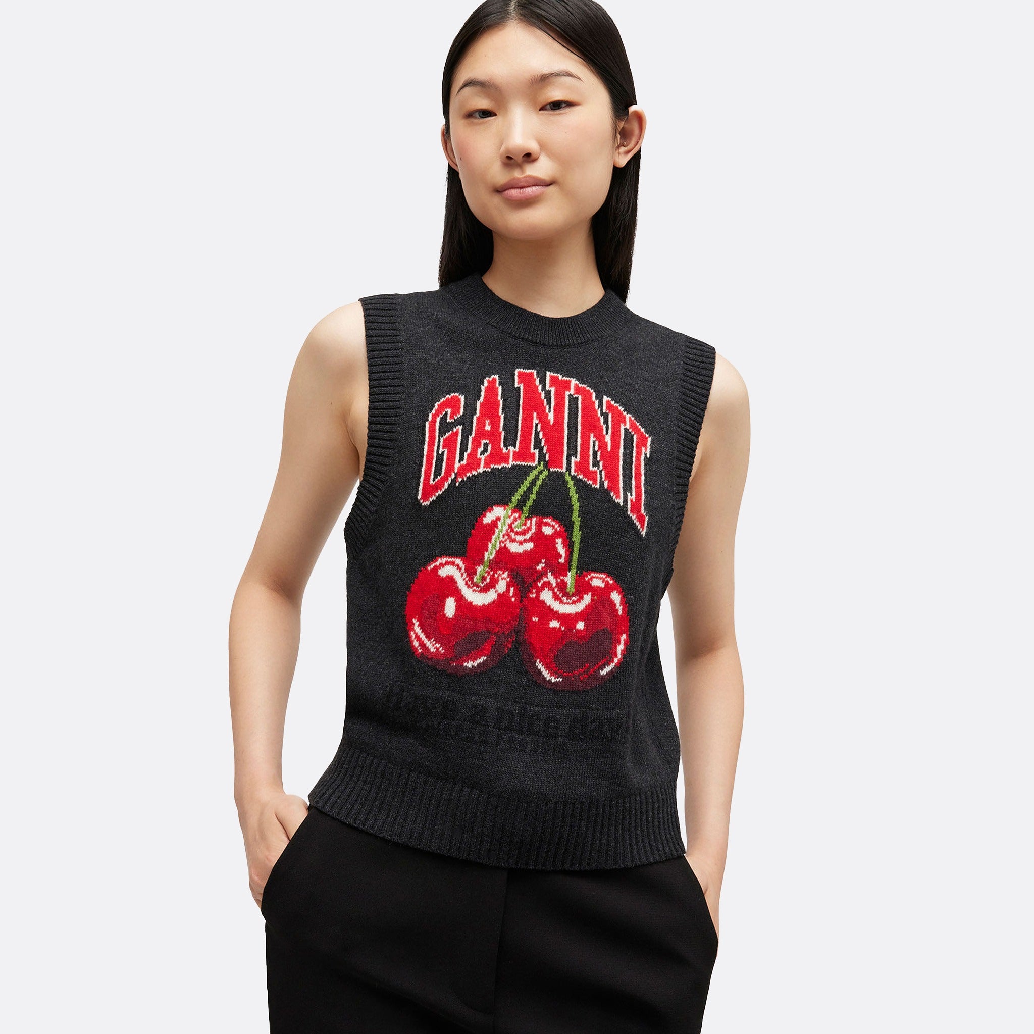 Ganni 'cherry' sleeveless vest in wool jacquard.