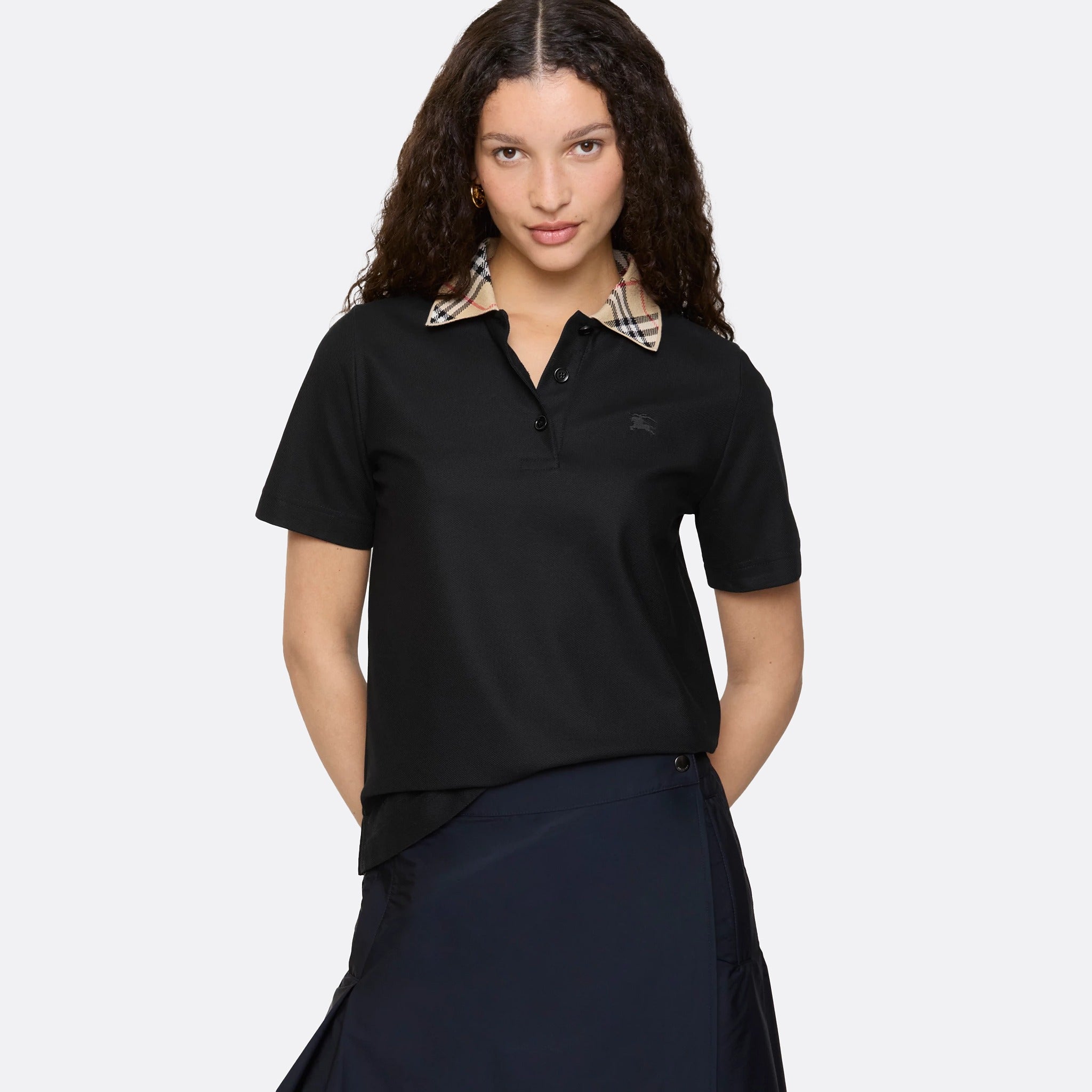 The Slim Fit Check Collar Cotton Polo Shirt from Burberry in Black