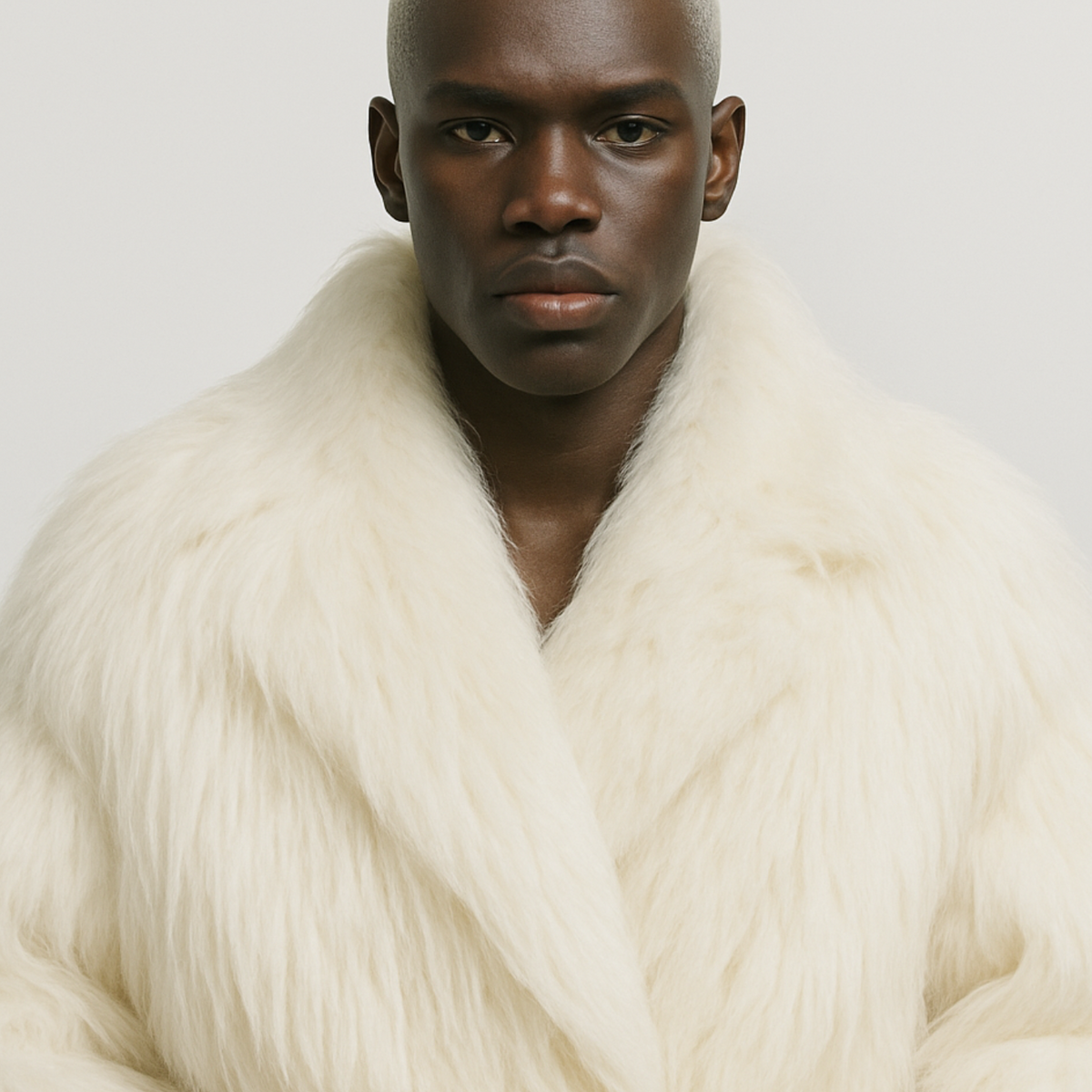 Masculine Model in an oversized off-white faux fur coat curated by ELLIS ROSCH — luxury statement outerwear with soft texture and refined silhouette.