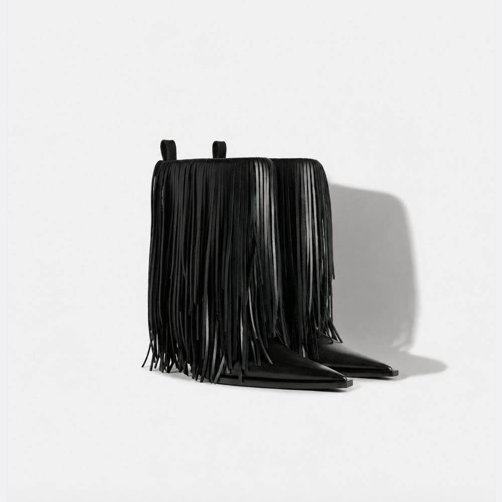 Black pointed-toe leather boots with long fringe detailing – shop luxury women’s footwear at ELLIS ROSCH