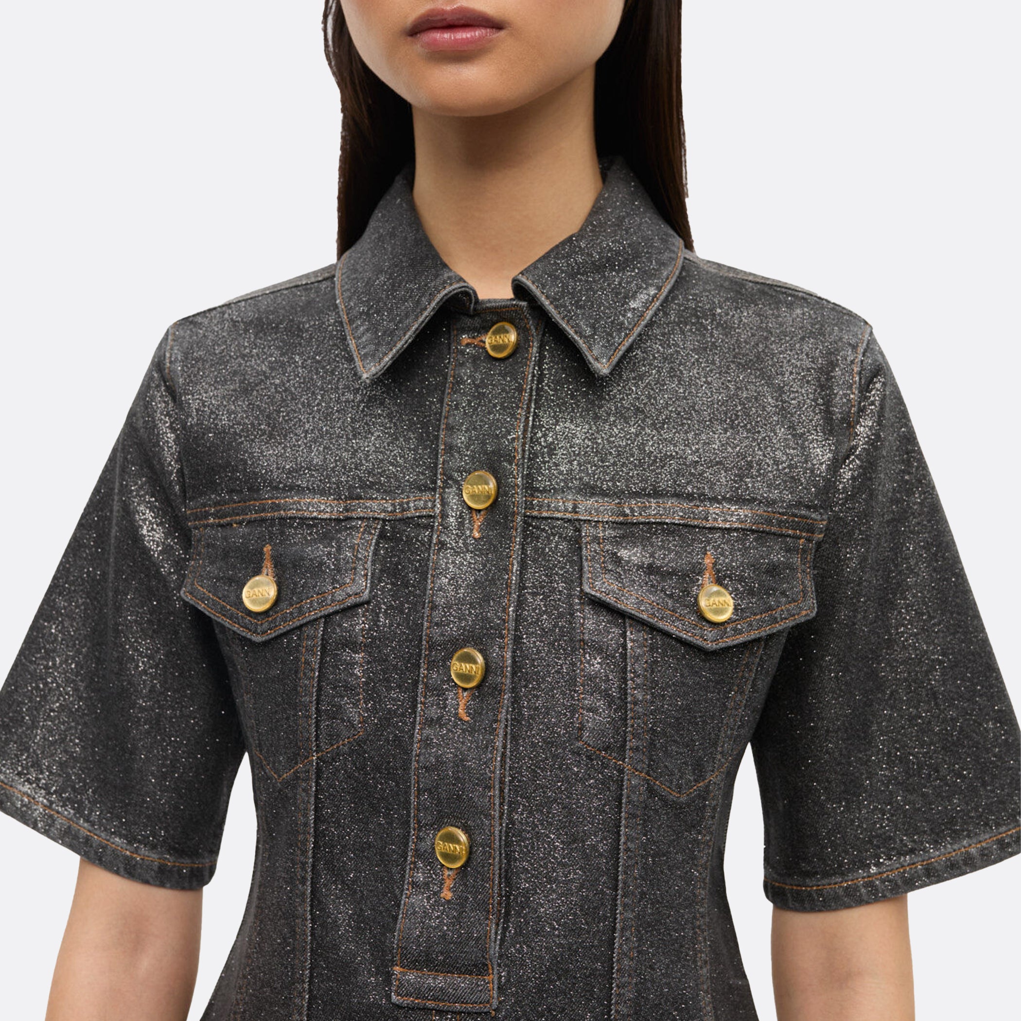 GANNI Shimmery Foil Denim Fitted Mini Dress