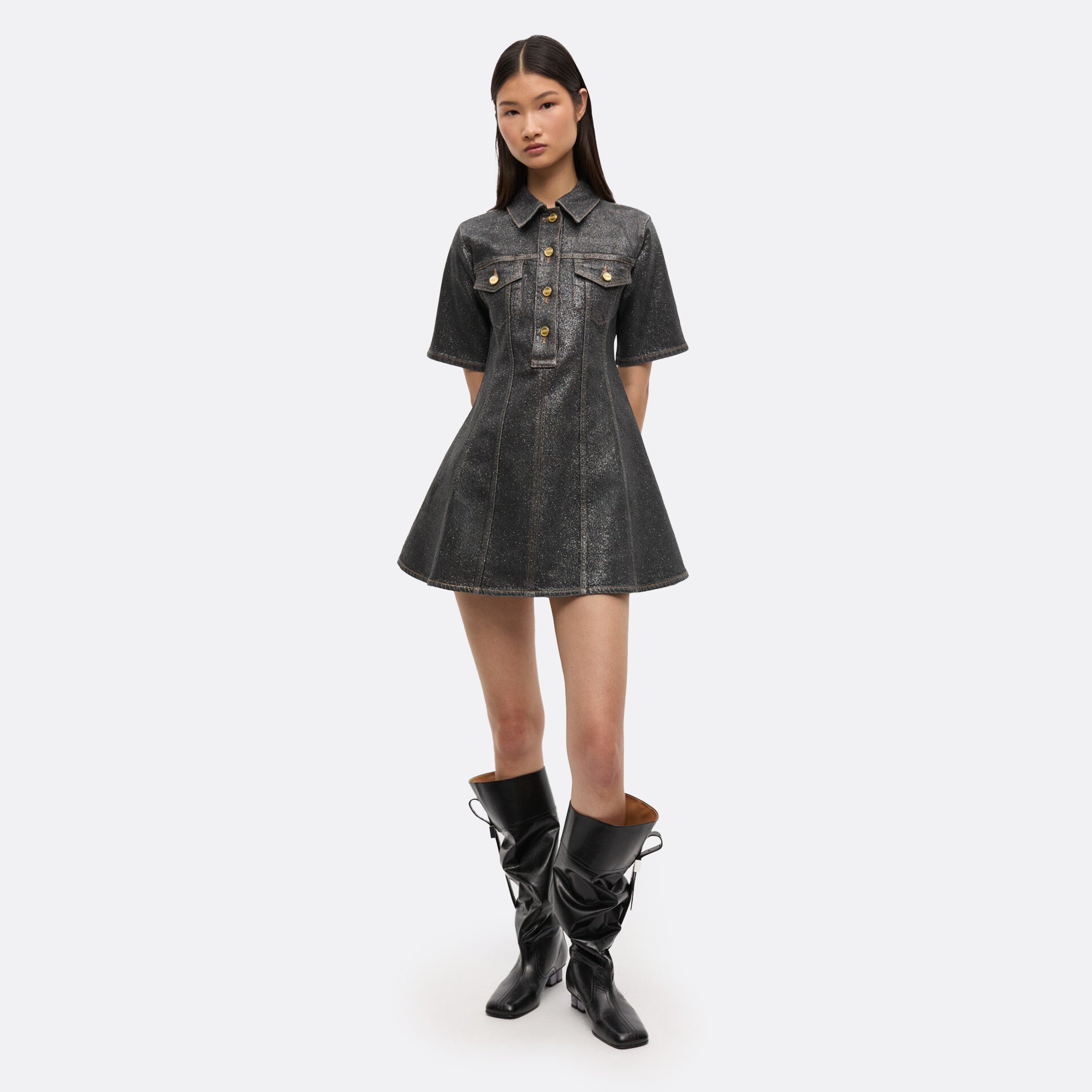 GANNI Shimmery Foil Denim Fitted Mini Dress