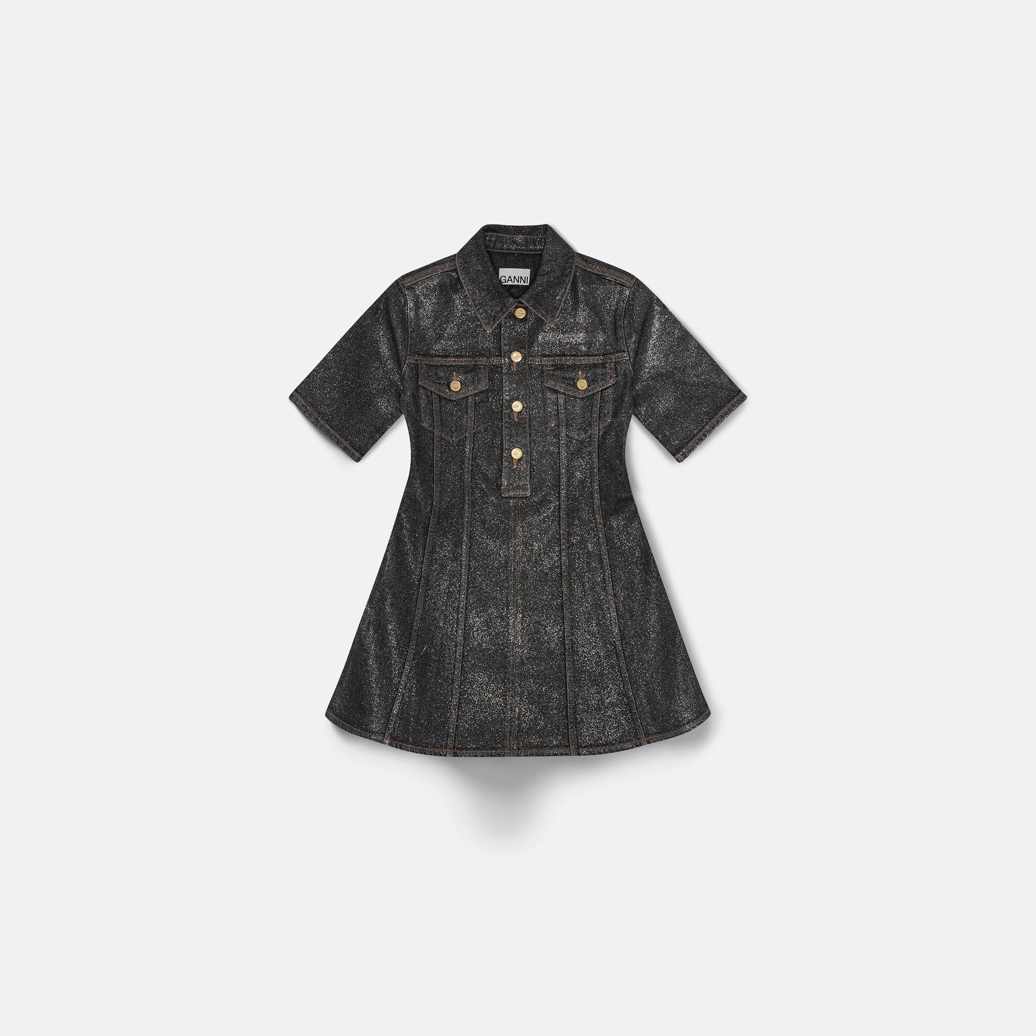 GANNI Shimmery Foil Denim Fitted Mini Dress