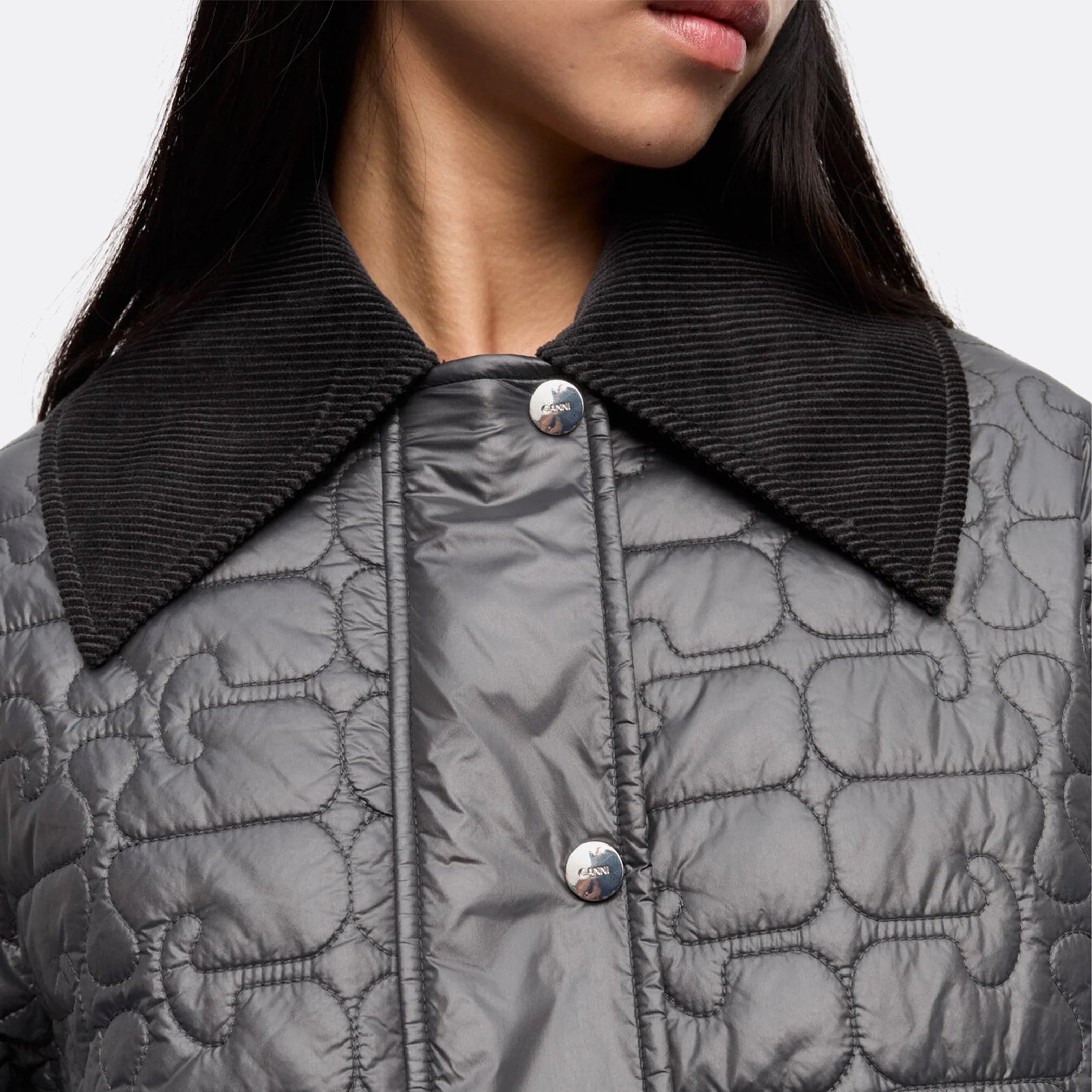 GANNI_SS25__BlackShinyQuiltMidiJacket