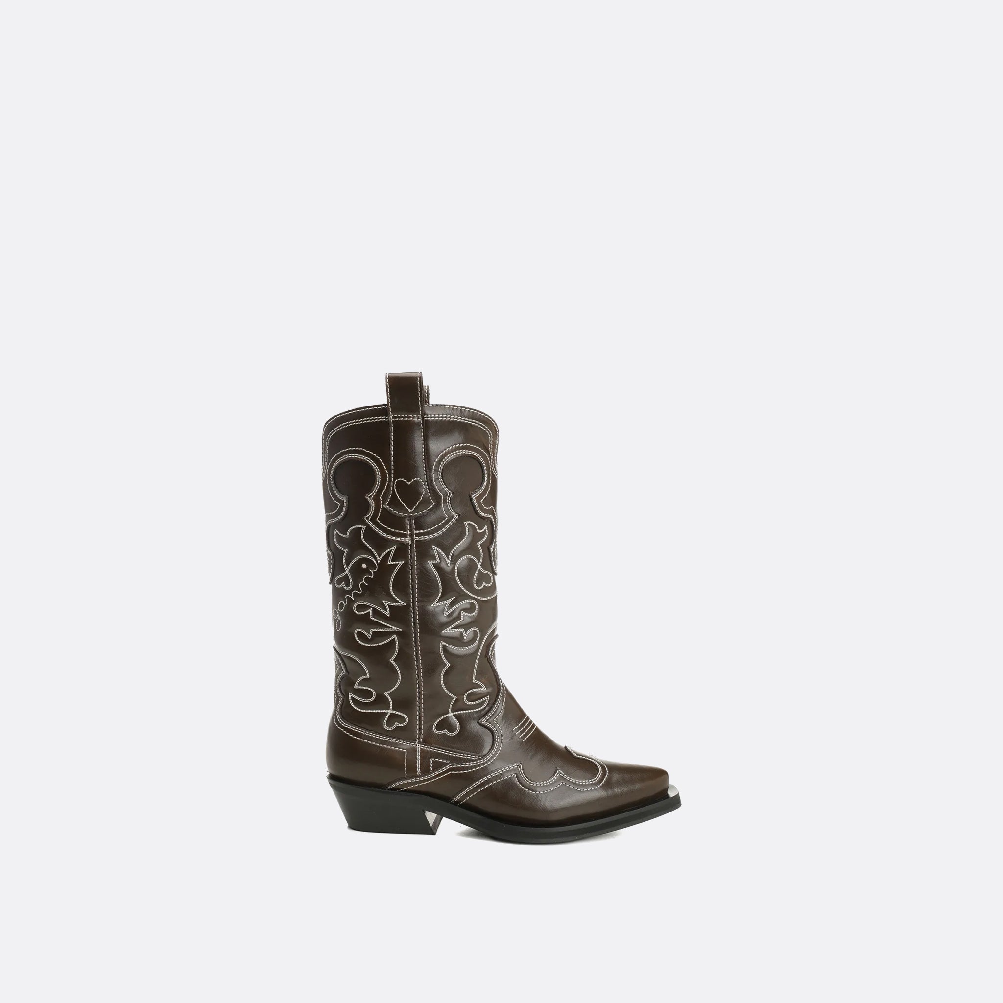 GANNI Mid Shaft Embroidered Western Boot White Stiched in Dark Olive/Egret