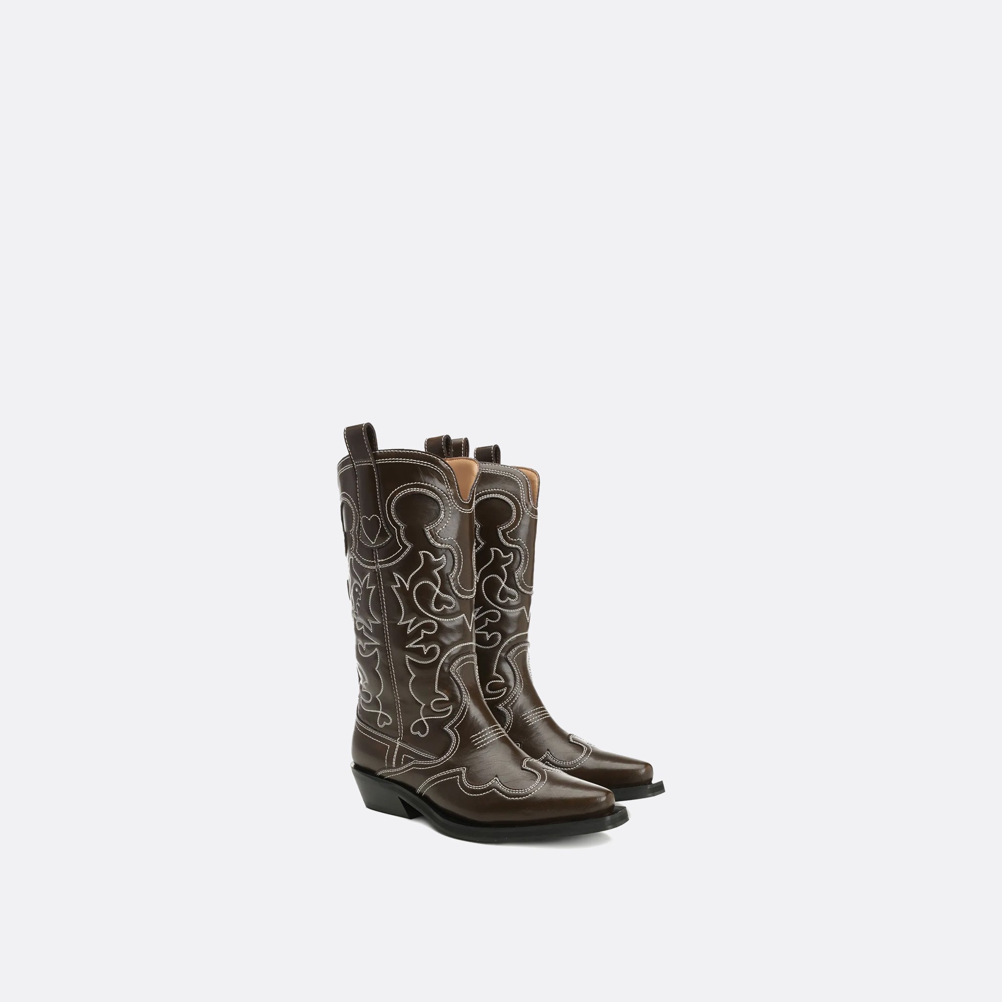 GANNI Mid Shaft Embroidered Western Boot White Stiched in Dark Olive/Egret