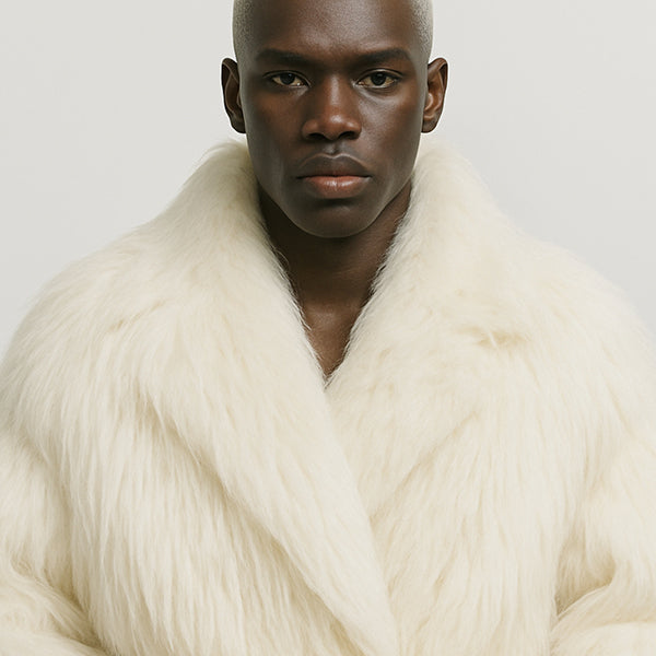 Masculine Model in an oversized off-white faux fur coat curated by ELLIS ROSCH — luxury statement outerwear with soft texture and refined silhouette.