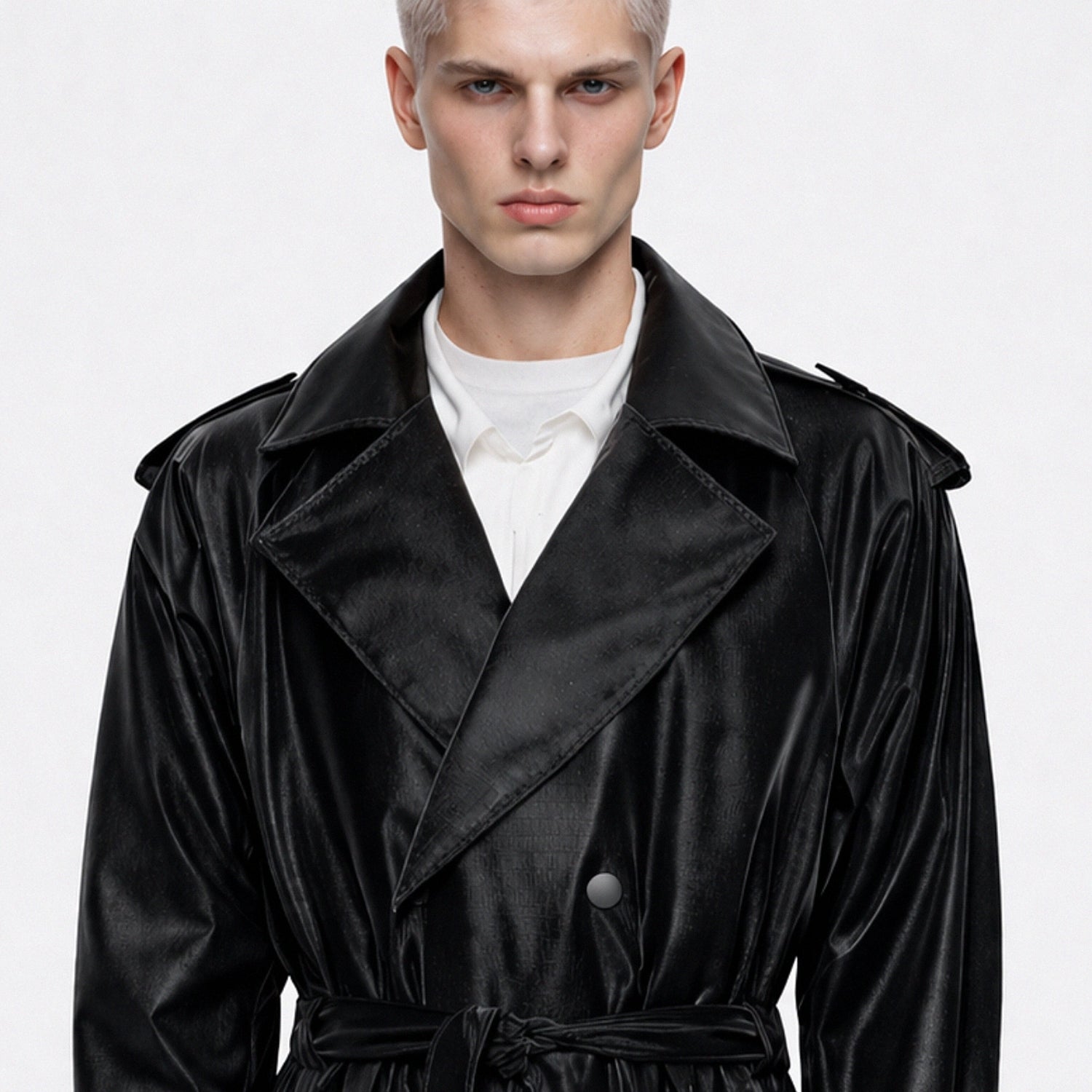 Male model wearing a black RAINS trench coat from ELLIS ROSCH Men’s New Arrivals, styled with a minimal white layered top underneath. The coat features a glossy waterproof finish, wide lapels, double-breasted front, and a self-tie belt that defines the waist while maintaining a relaxed silhouette. Clean studio lighting and a neutral background emphasize the coat’s sleek texture, modern tailoring, and functional design. The look reflects contemporary Scandinavian outerwear—practical, refined, and understated